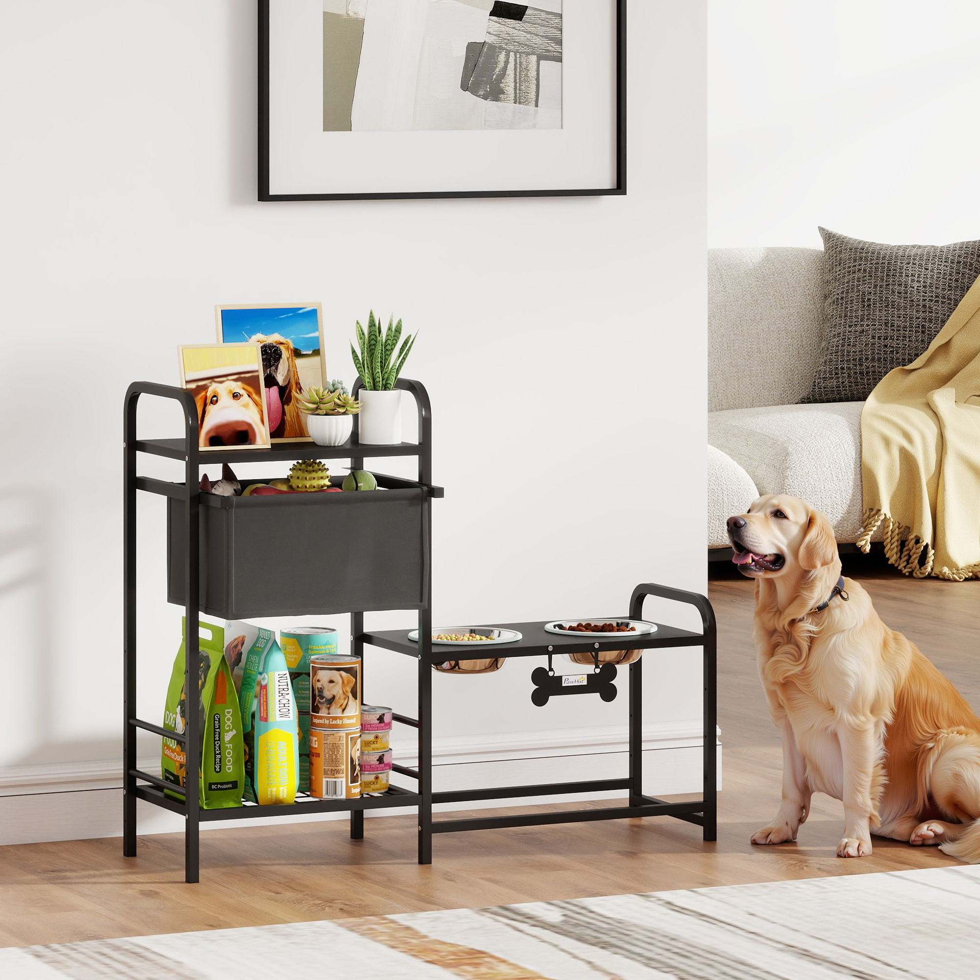 erhöhter Hundenapf Höhenverstellbar Futternapf mit Stauraum Wassernapf 2 x 800ml Edelstahlnäpfen 89,5x27x74 cm Schwarz