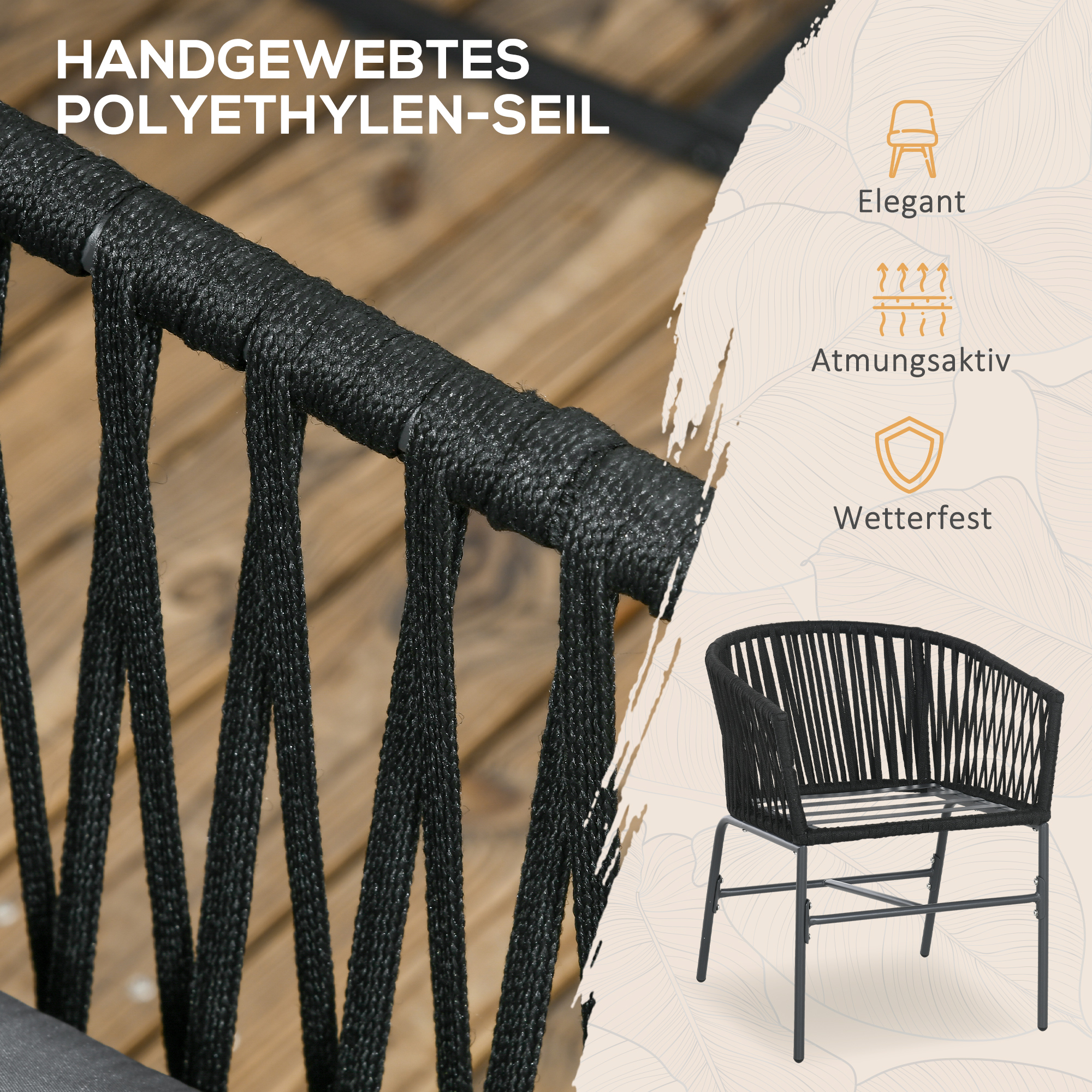 Outdoor Stühle, 2-er Set, Boho-Design, Sitz- und Rückenkissen, bequeme Sitzschale, Metallrahmen, Schwarz