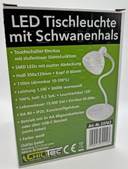 LED Tischleuchte mit Schwanenhals / Batterie, dimmbar, warmweiß, Weiß