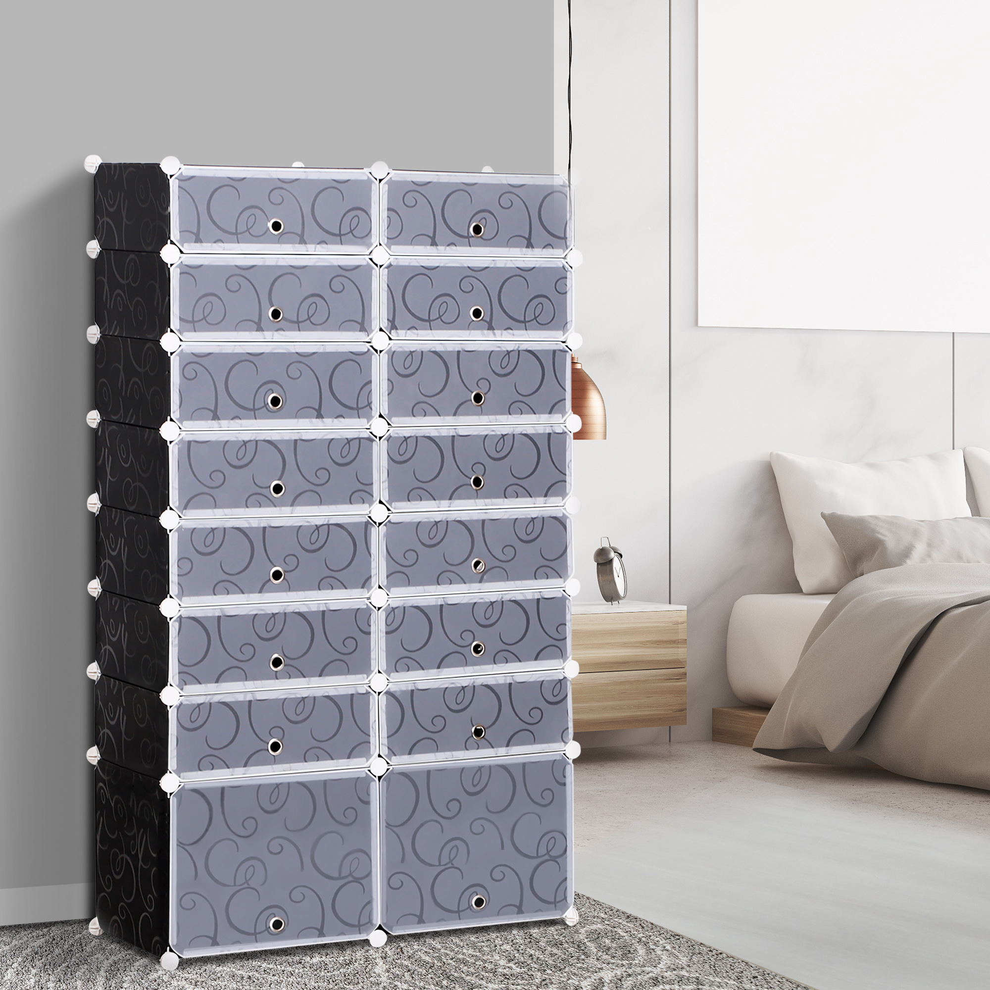 Schuhboxen 16er Set Schuhkarton stapelbar Schuhorganizer Schuhaufbewahrung Aufbewahrungsboxen Regalsystem mit Tür, Schwarz + Weiß