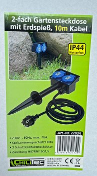 Gartensteckdose mit Erdspieß, 2-fach / IP44, 10m Kabel