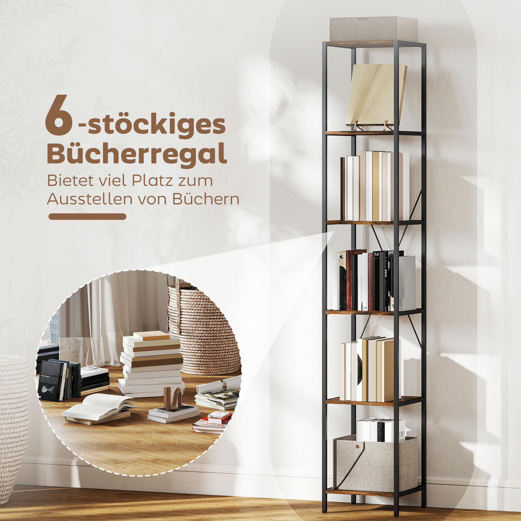 2er-Set 6-Ebenen-Bücherregal, Stahlrahmen, für Wohnzimmer, Büro, Schlafzimmer, Rustikal-Braun