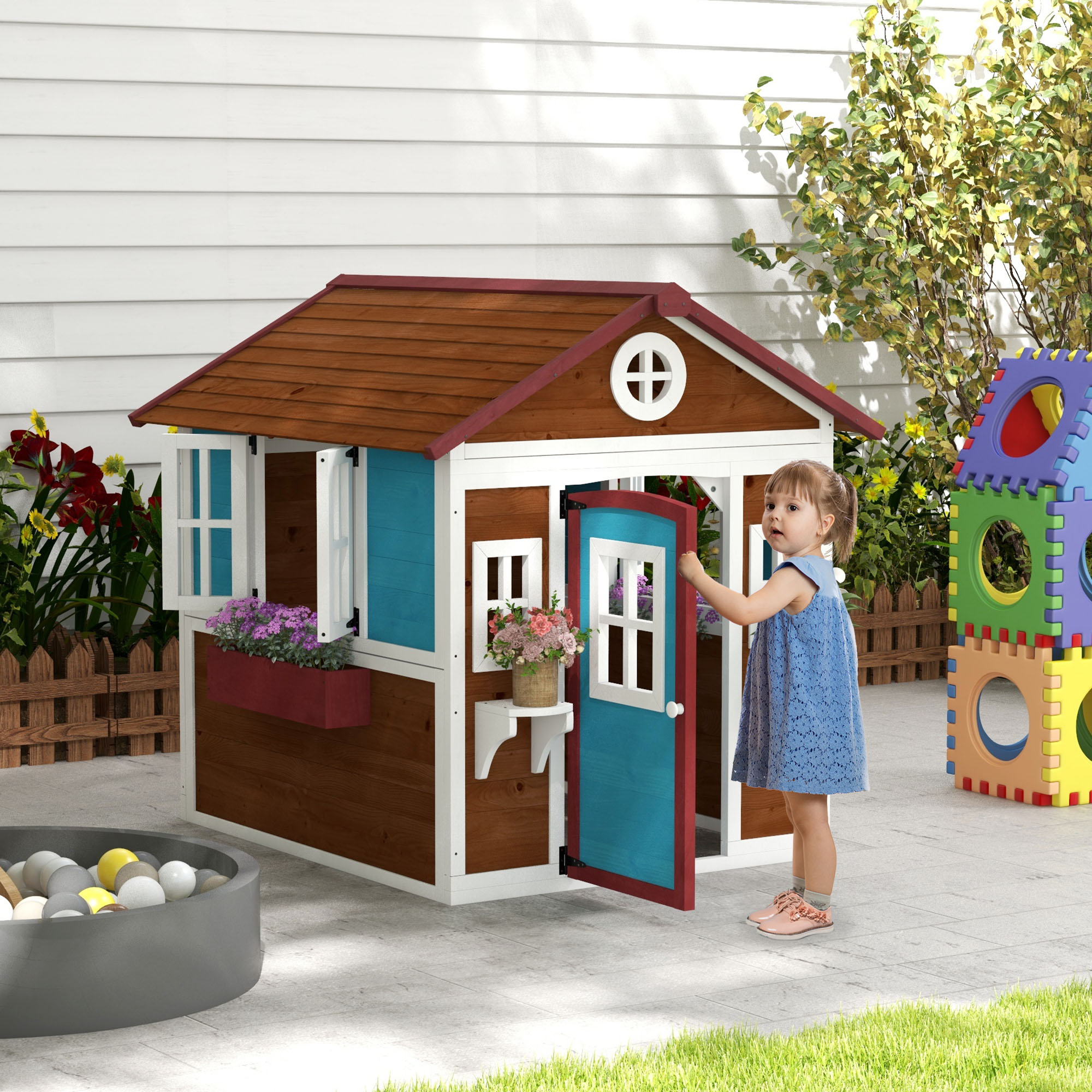 Kinderspielhaus, Holz-Spielhaus für Kinder, Outdoor-Gartenspielhaus mit Fenstern, Blumentöpfe, 3-8 Jahre, Blau