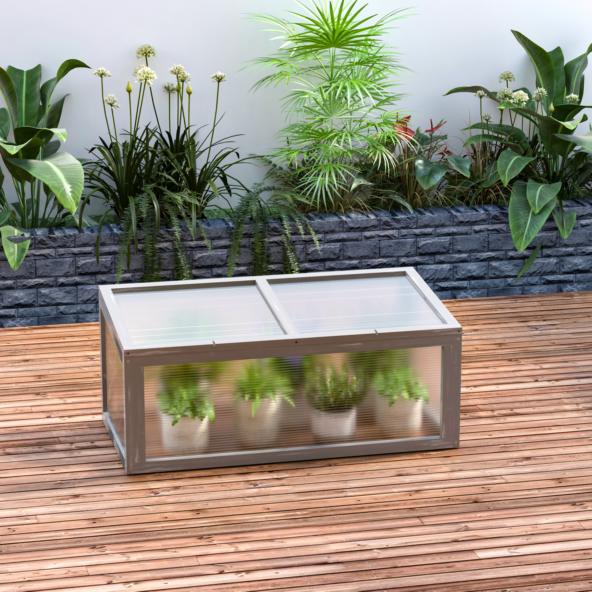 Frühbeet Holz und Polycarbonat Treibhaus 90 x 46 x 40 cm Gewächshaus mit Abdeckung wetterfest Frühbeetkasten für Garten Pflanzenbeet Grau