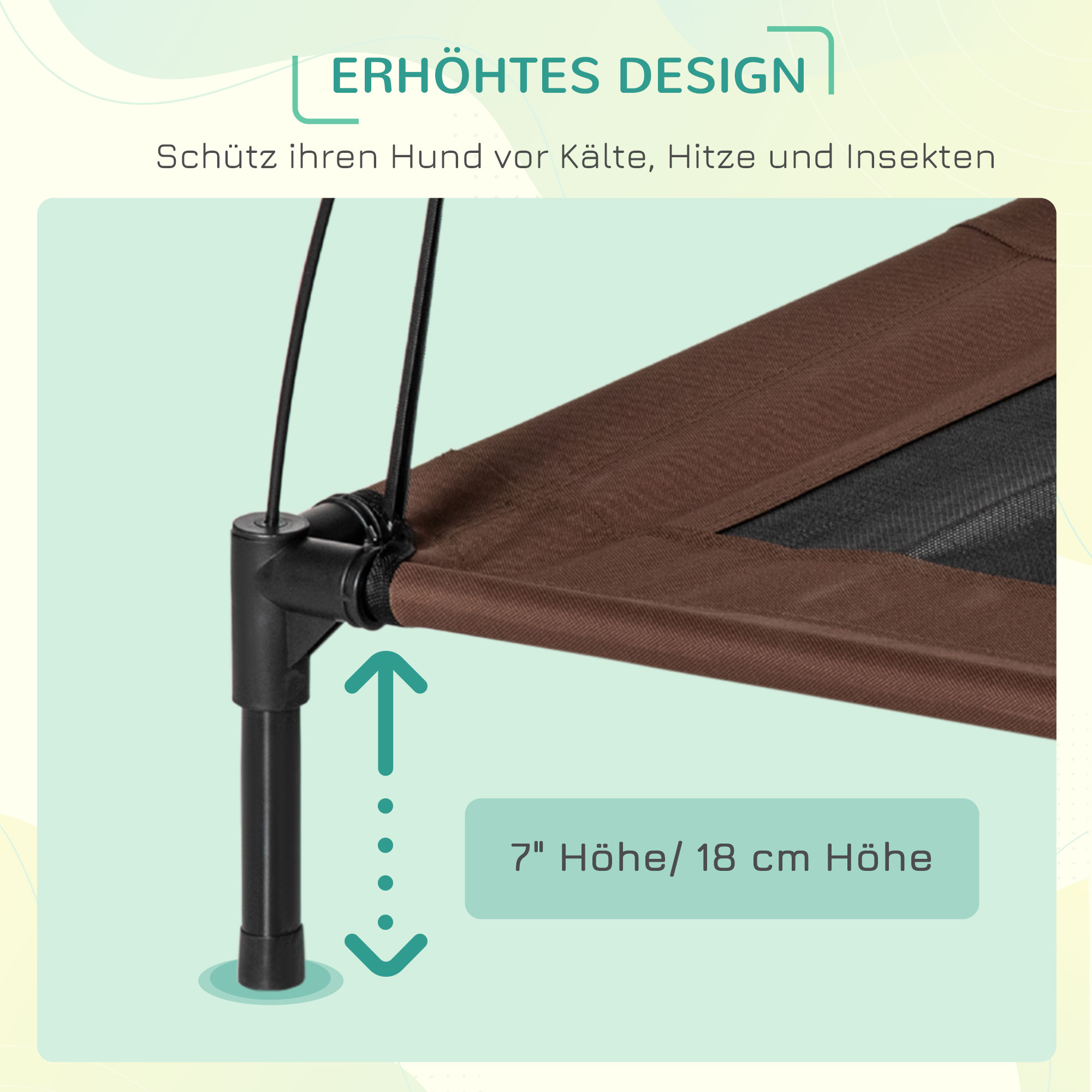 erhöhtes Hundebett mit Baldachin, Haustierbett, Hundeliege outdoor mit Dach, Atmungsaktiv, Taftstoff für Camping Kaffee 76 x 61 x 73 cm