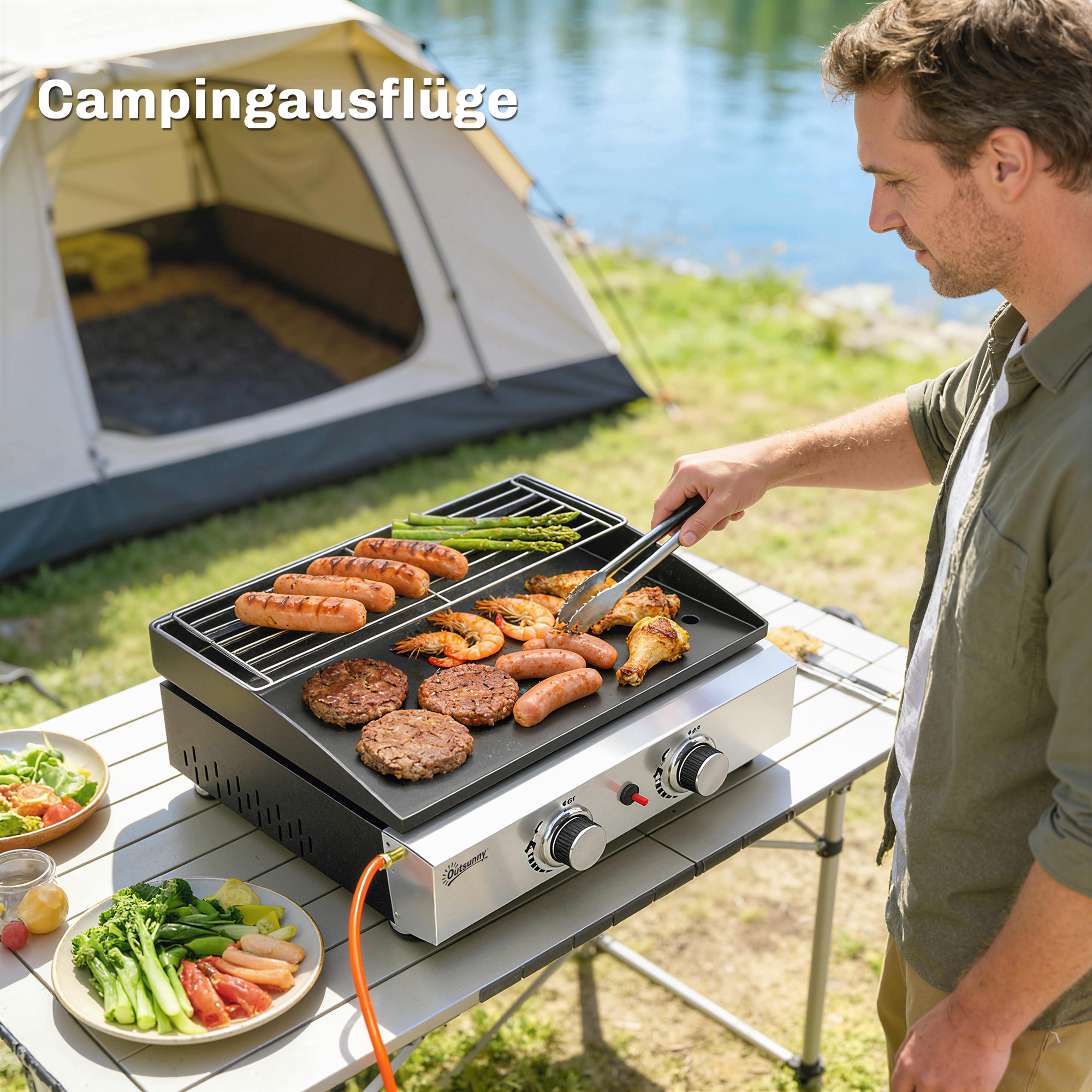 Gasgrill 5kW Tragbarer Tischgrill mit 2 Brenner Keramische Lackbeschichtung Grillrost Warmhalterost