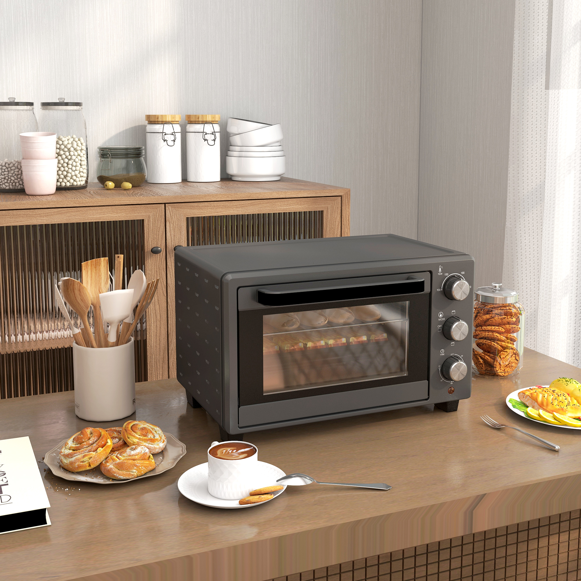 Minibackofen, 21 L Toasterofen mit 1 Drahtgestell und 1 Backblech, 3 Kochmodi, 100 °C-230 °C, Edelstahl, Glas, Grau