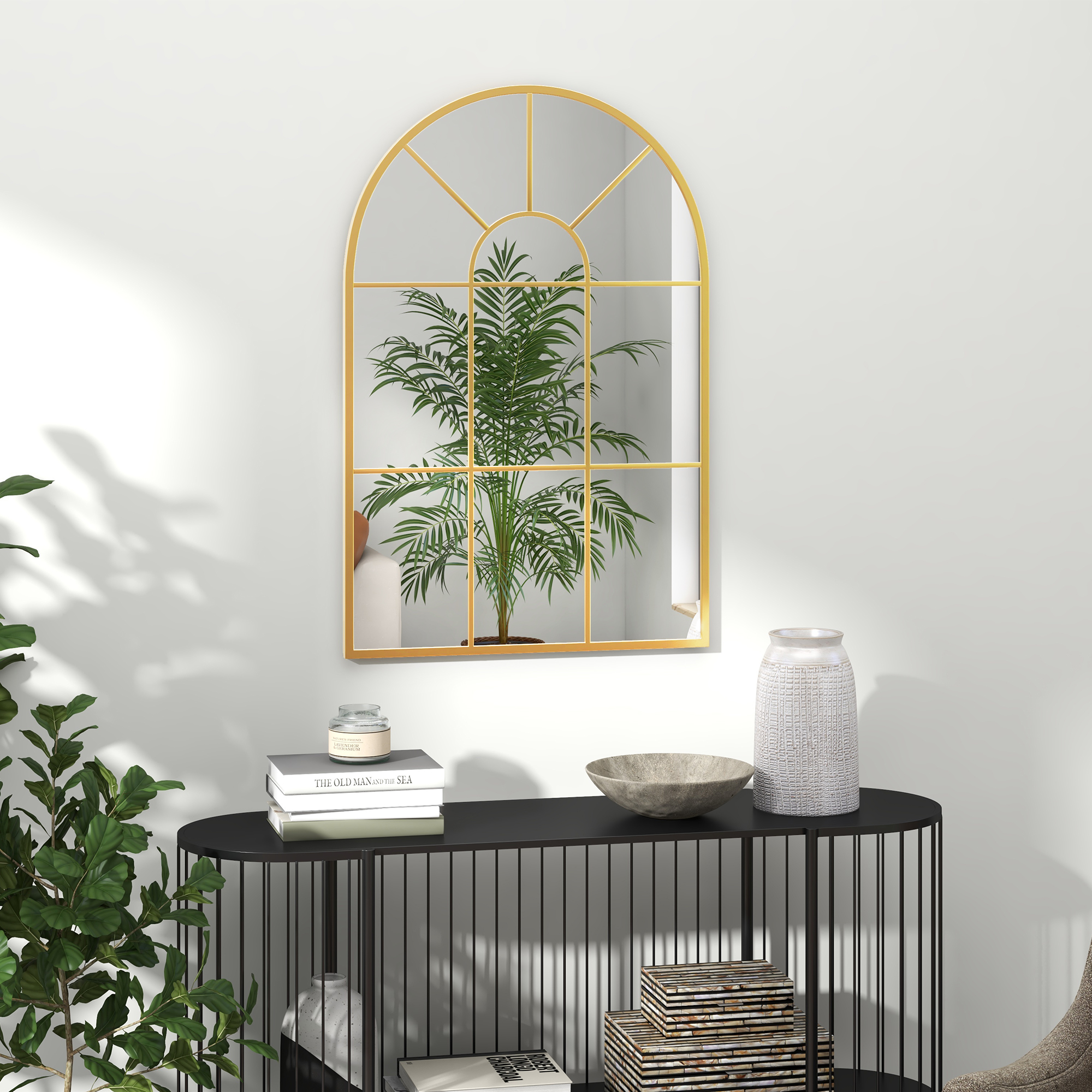 Wandspiegel, Fenster-Design, Flurspiegel, Metallrahmen, 91 x 60 cm, Gold