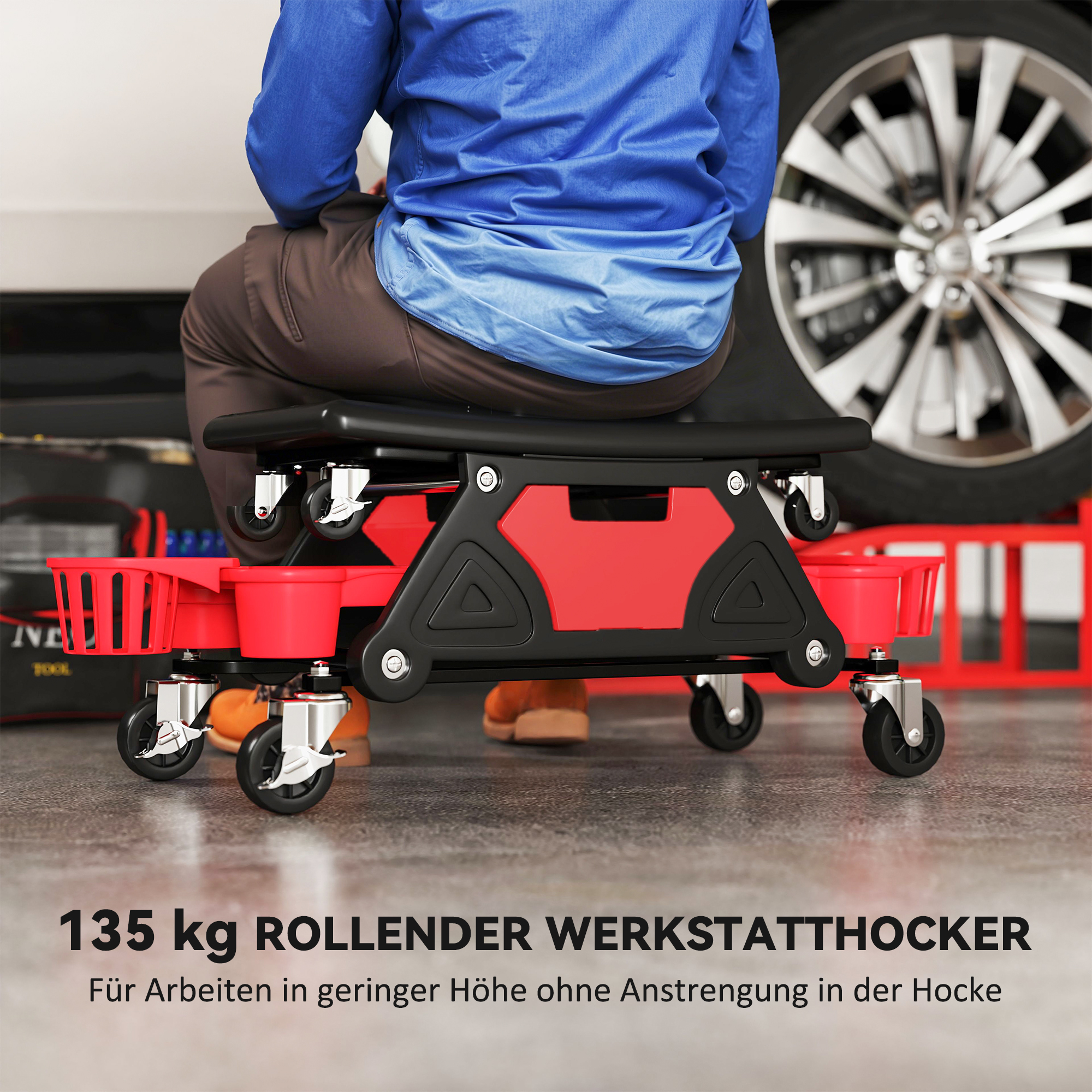 Werkstatthocker mit Rollen abnehmbar Sitz, Ablagefläche, 33cm hoch Rollhocker bis 135 kg belastbar Rot