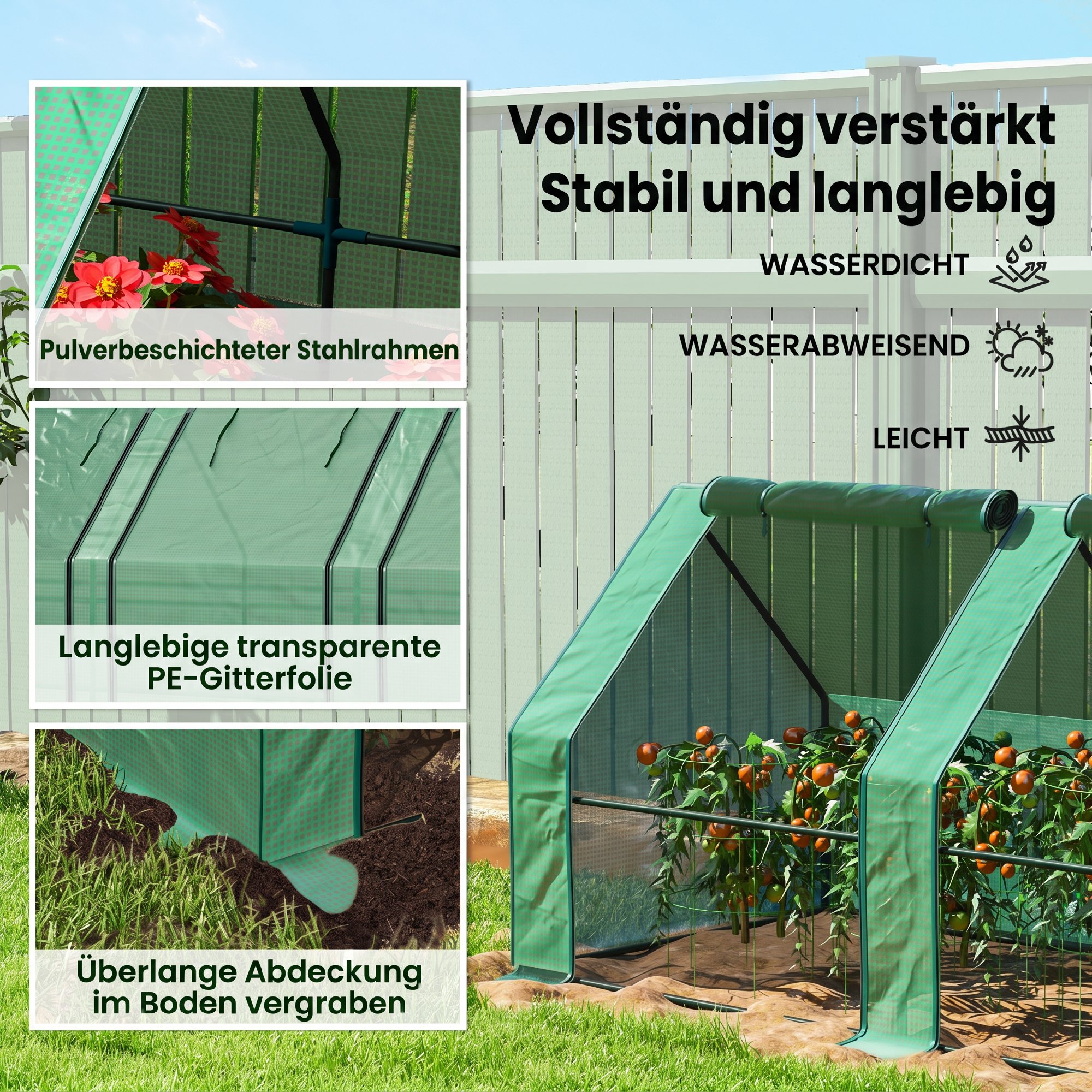 Gewächshaus mit Reißverschlussfenster, winterfest Foliengewächshaus aus Stahl 360 x 90 x 90 cm Grün