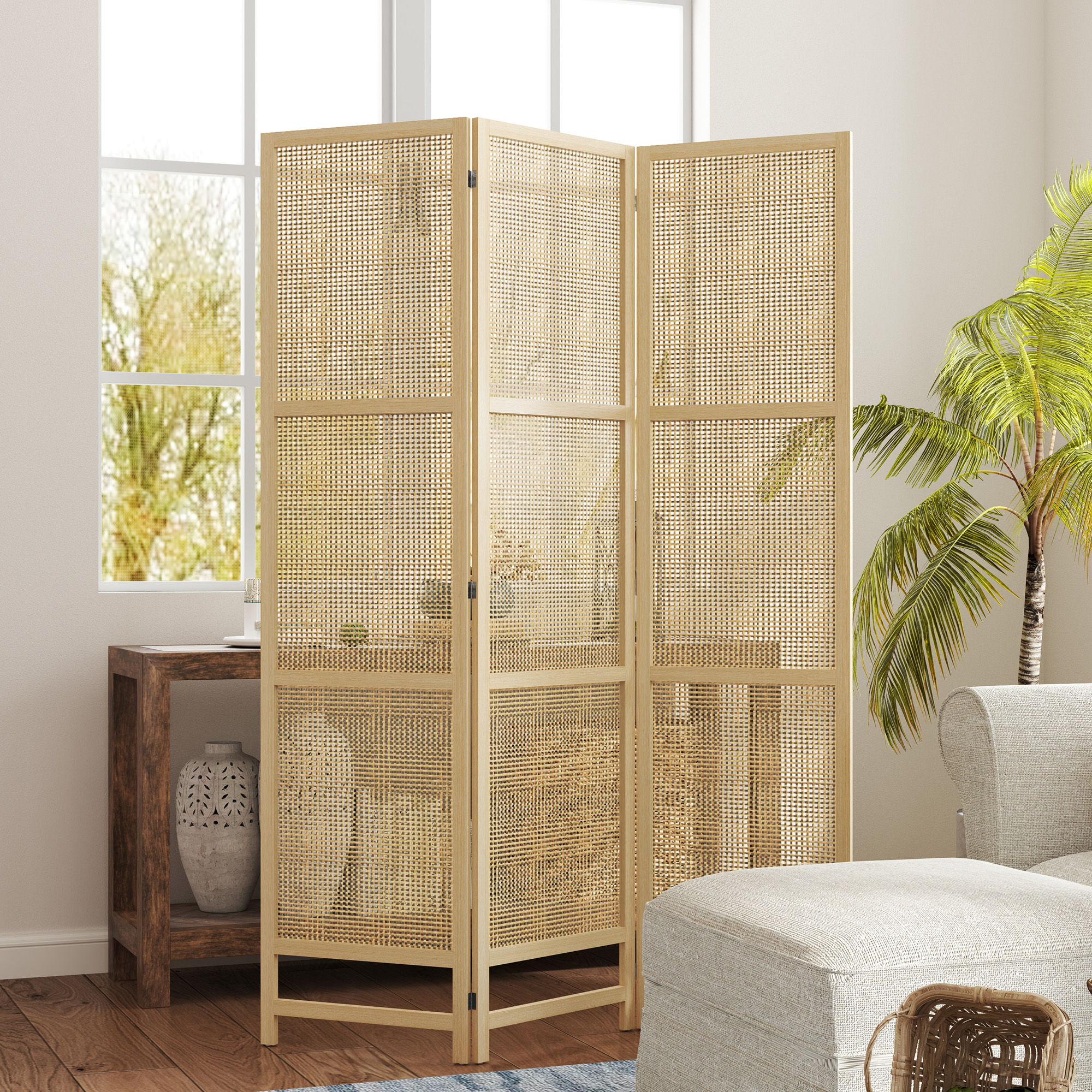 3-teiliger Raumteiler, 180 cm faltbarer Wandschirm, Freistehender Raumtrenner mit handgewebtem Design für Zuhause, Natur
