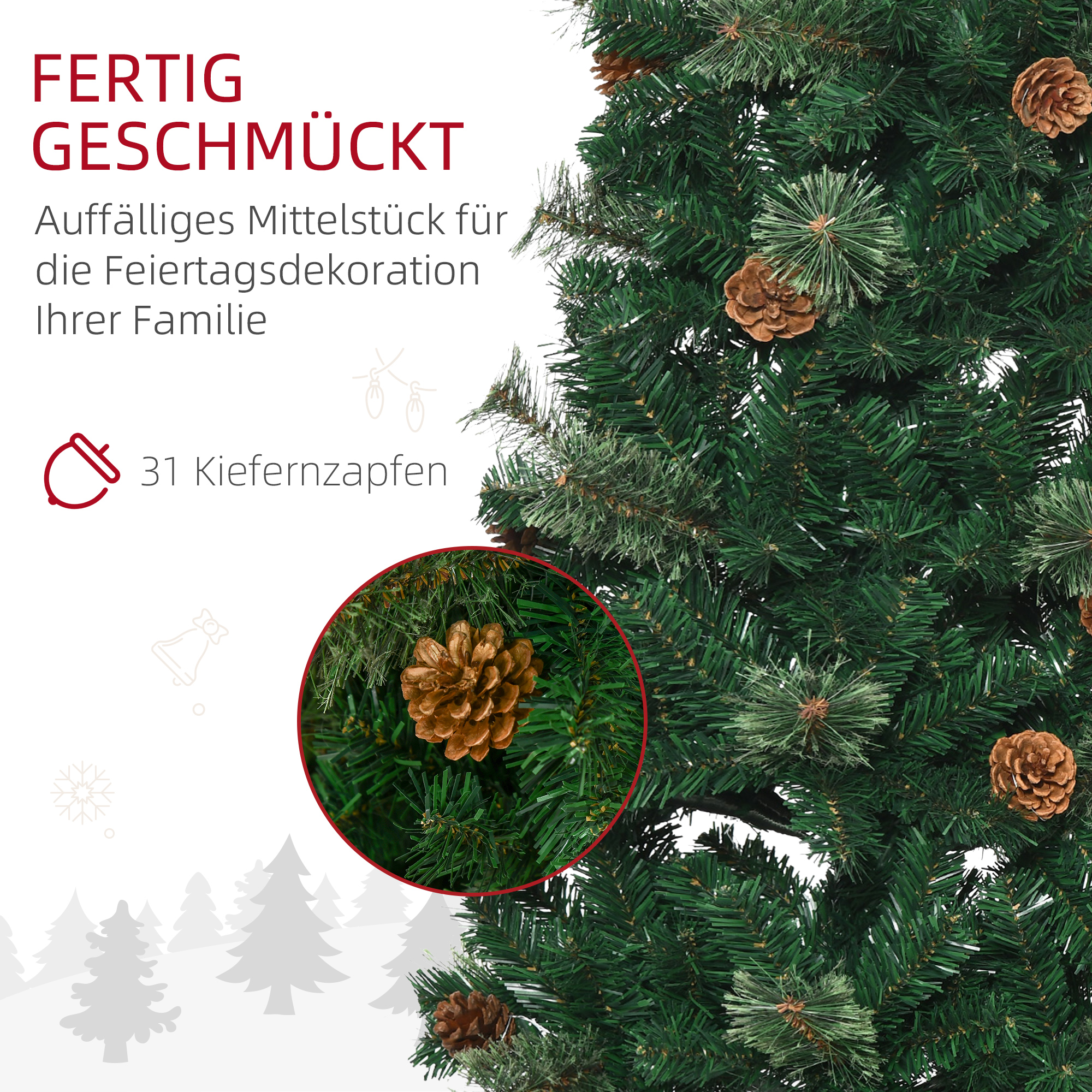 Künstlicher Weihnachtsbaum, schlank, Tannenzapfen, flammenhemmend, 46 x 165 cm, Grün