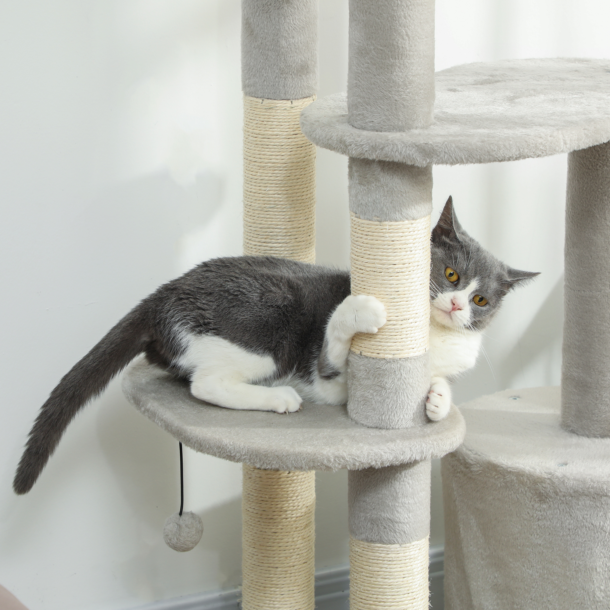 Kratzbaum 114 cm Katzenturm mit Höhle, Sisalstämme, Plattform, mehrstöckig ür mittelgroße Katzen unter 6 kg, Hellgrau