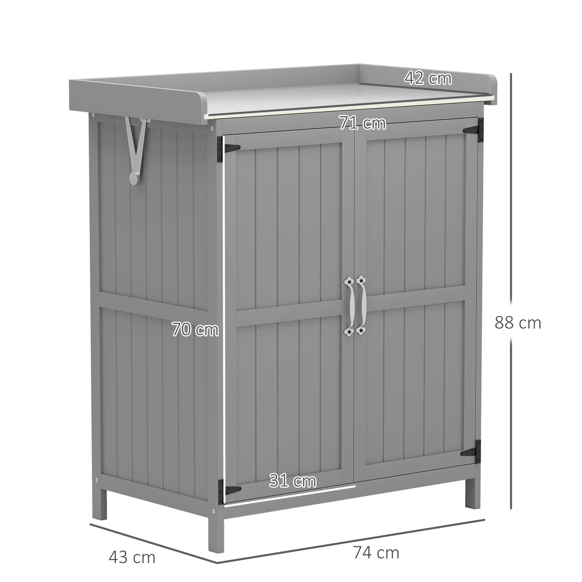 Gartenschrank, Werkzeugschrank für den Außenbereich, mit Arbeitsfläche, Holz und Edelstahl, Doppeltüren, Grau