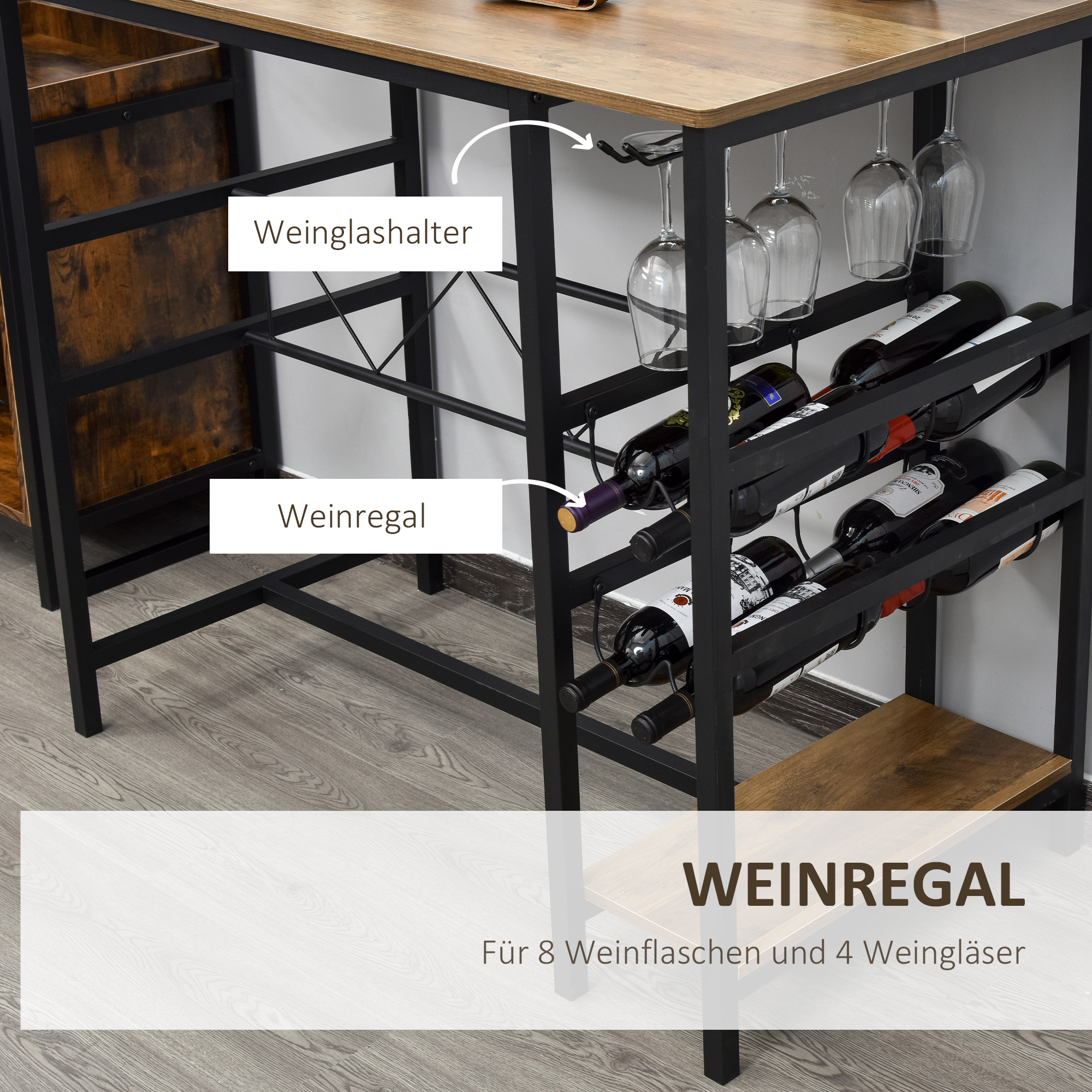 Bartisch-Set, Stehtisch mit 2 Barhockern, 3-teiliges Tischset Küchentresen mit Flaschenhalterung Spanplatte, Stahl, Natur+Schwarz, 108 x 60x 95H cm