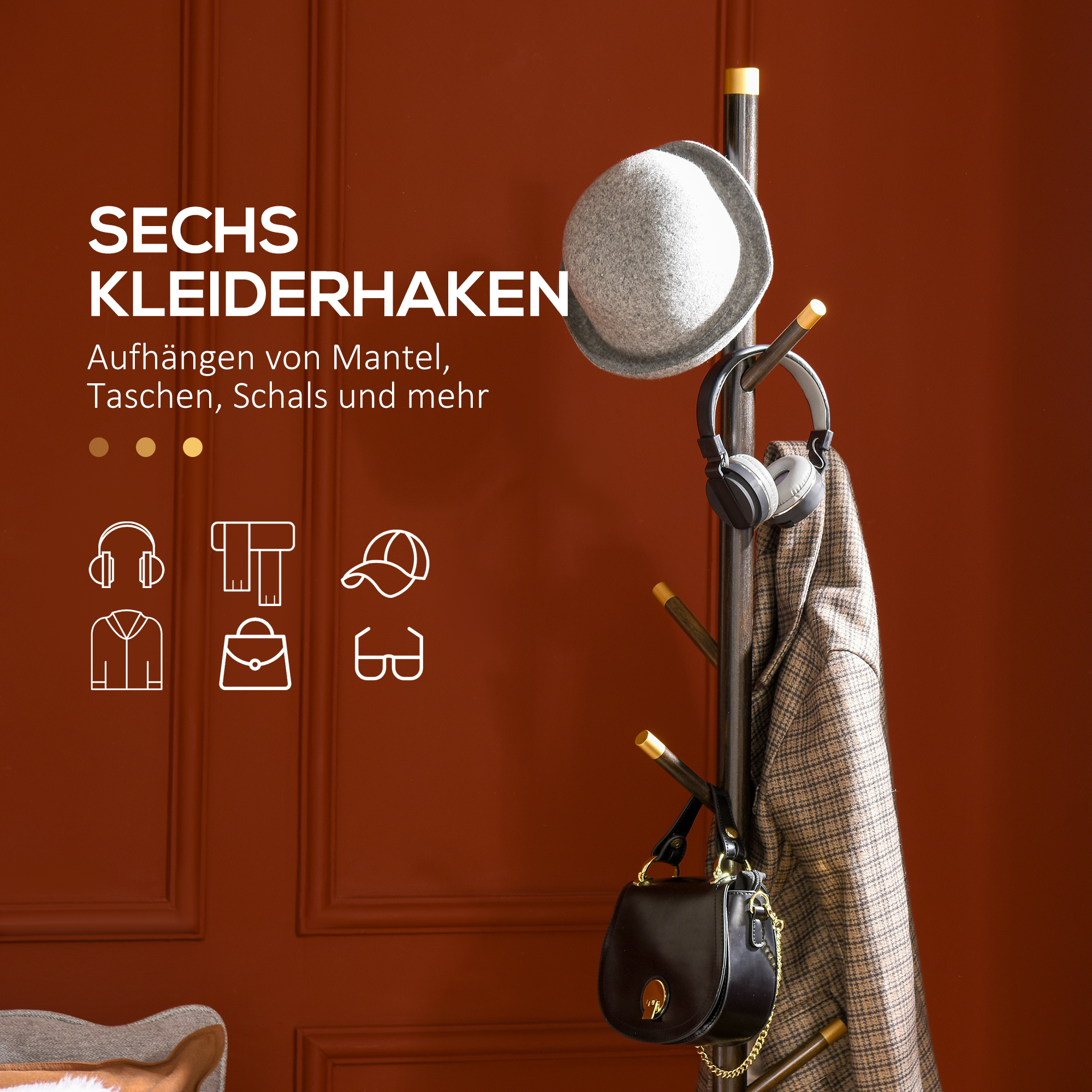 Garderobenständer, Kleiderständer, 6 Haken, Walnuss
