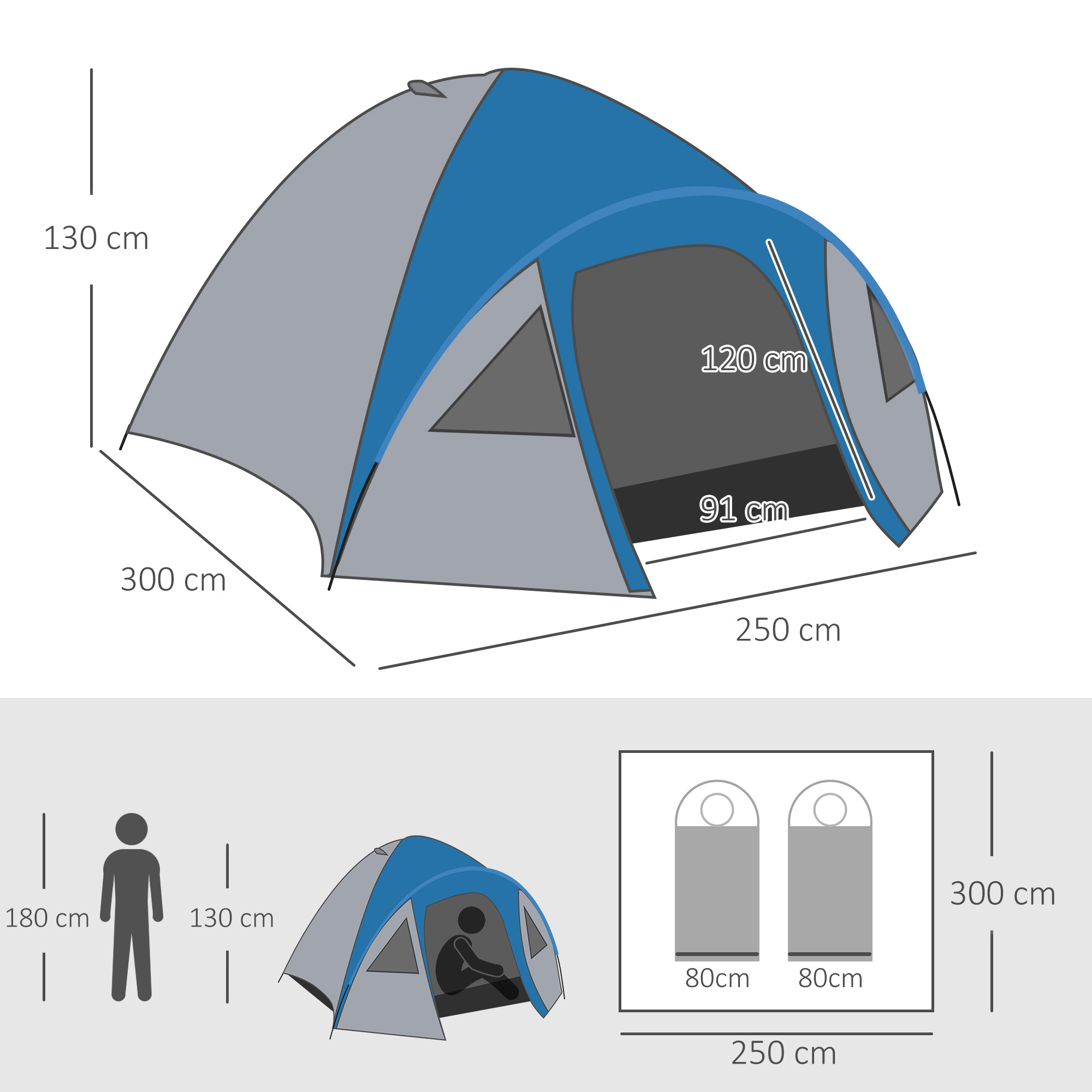Campingzelt für 4 Personen ganzjährig nutzbar 3,00 x 2,50 x 1,30m Blau+Grau