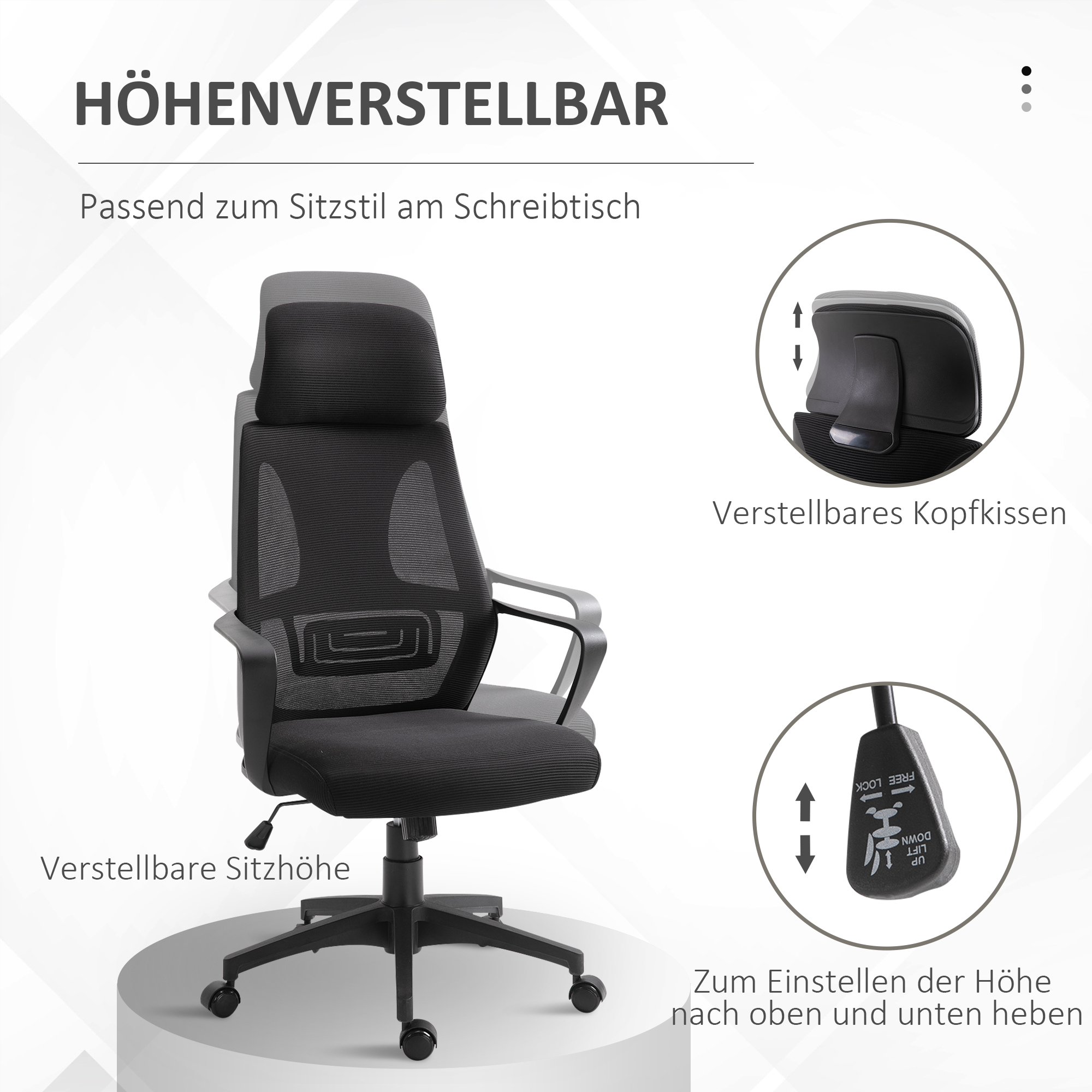 Bürostuhl, Schreibtischstuhl mit Wippfunktion Höhenverstellbarer mit Kopfstütze, Lendenstütze Schwarz
