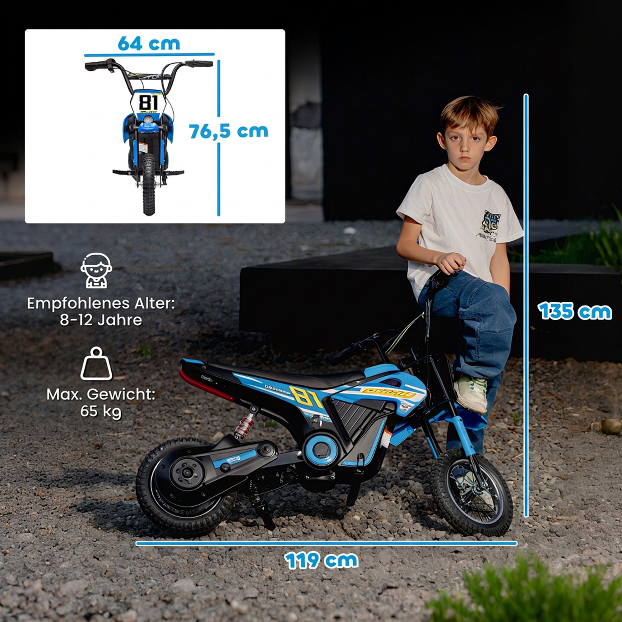 Elektro Motorrad Kinder 24 V Kinder Motocross mit 250W Motor 7Ah Akku Hinterradfederung Scheibenbremse 16km/h 8–12 Jahre