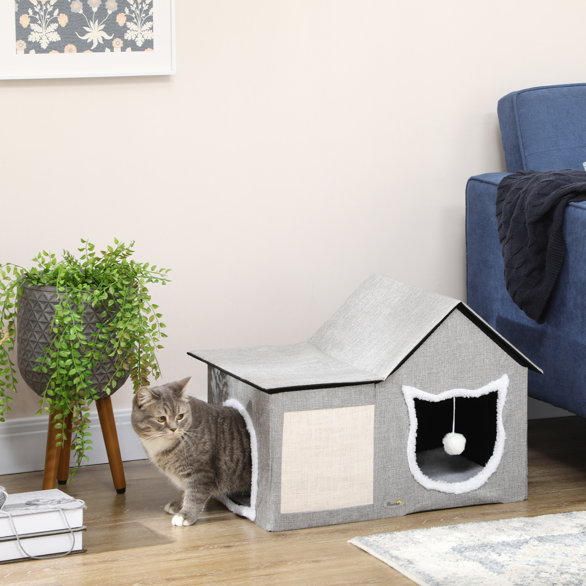 Katzenhaus mit Kratzfläche, inkl, Spielball, Katzenhöhle, 65 cm  x 41 cm x 45,5H cm, Braun + Weiß + Beige