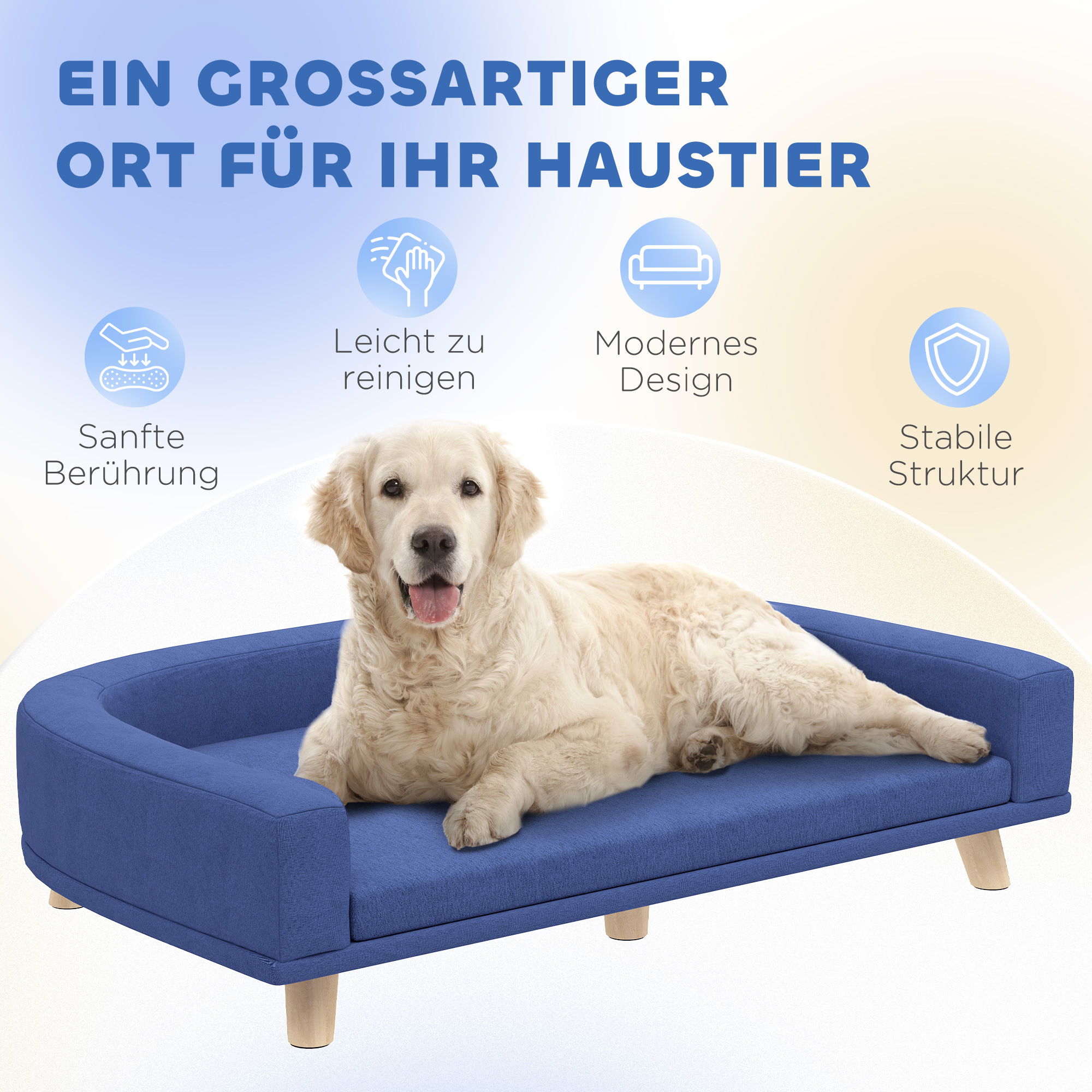 Hundebett Hundesofa Haustiersofa, Eukolyptusholz, 98 x 67 x 25 cm, Blau