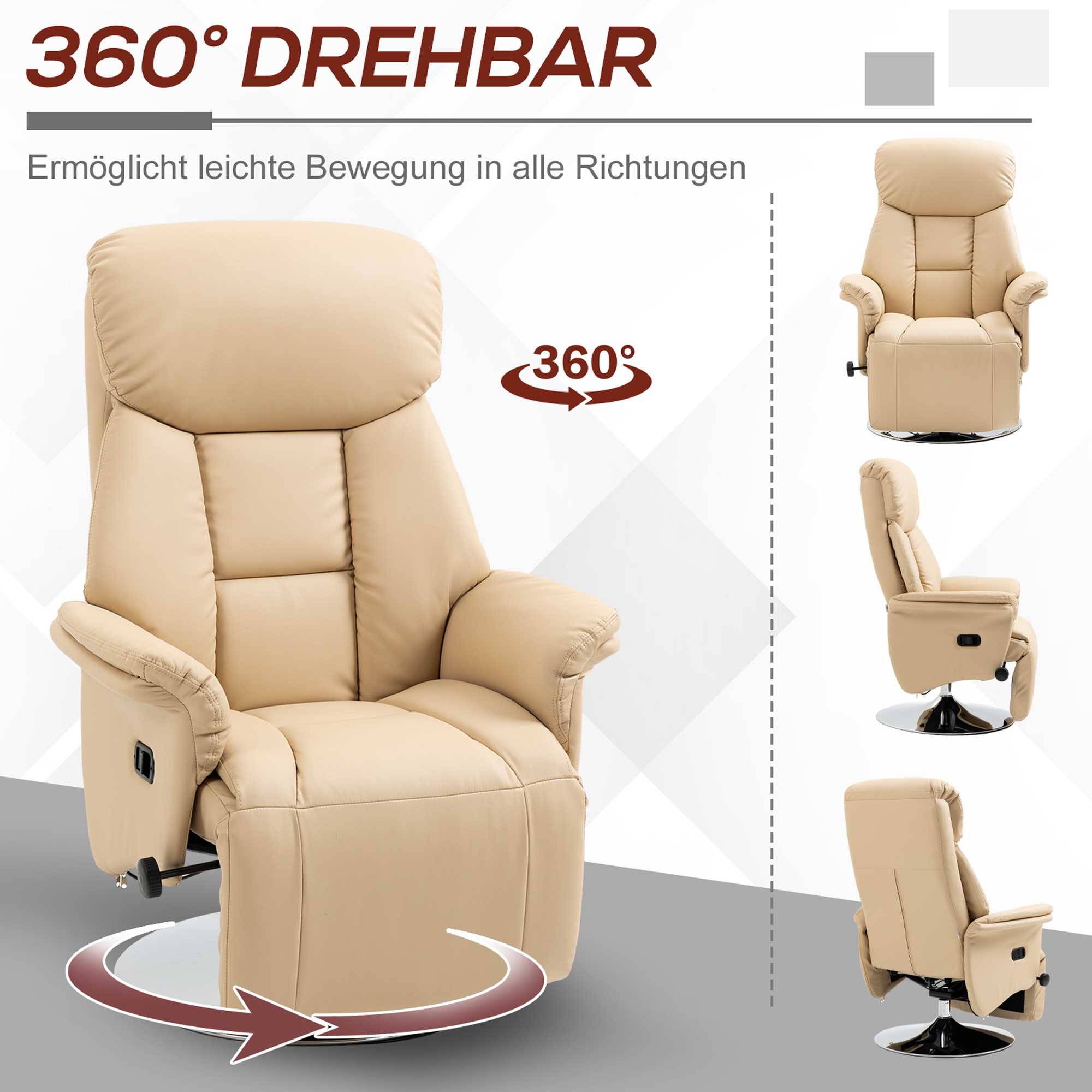 Relaxsessel, Liegefunktion, Lederoptik, Fußstütze, bis 150 kg, 78 x 80 x 109 cm, Beige