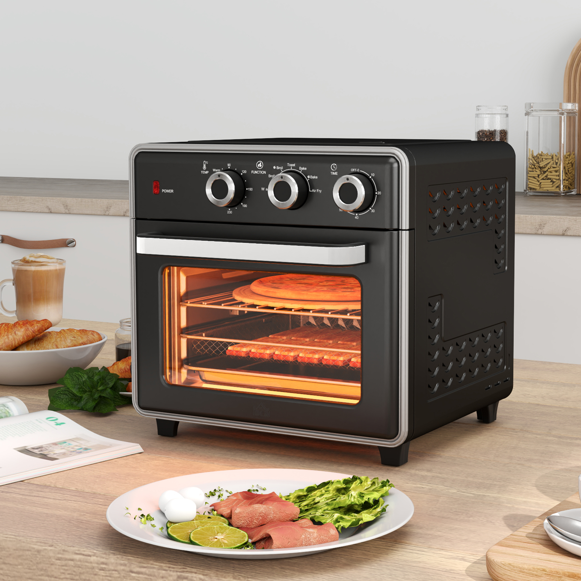 Minibackofen, 20L, 5 Funktionen, 360° Heißluft, Grillrost, Krümelblech, Schwarz