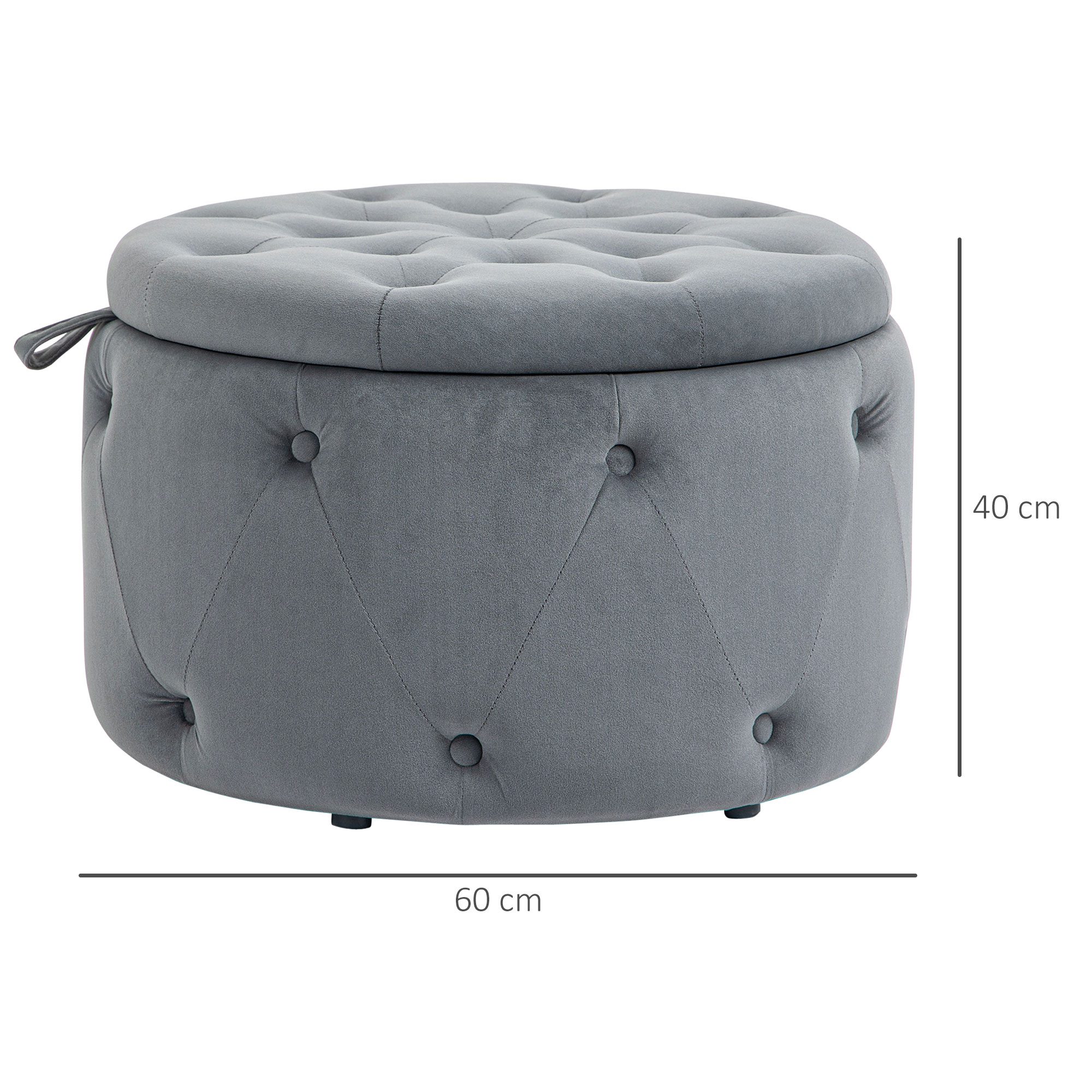Hocker, rund, mit Staufach, Steppdesign mit Knöpfen, Bezug in Samtoptik, grau, 60 x 60 x 40cm