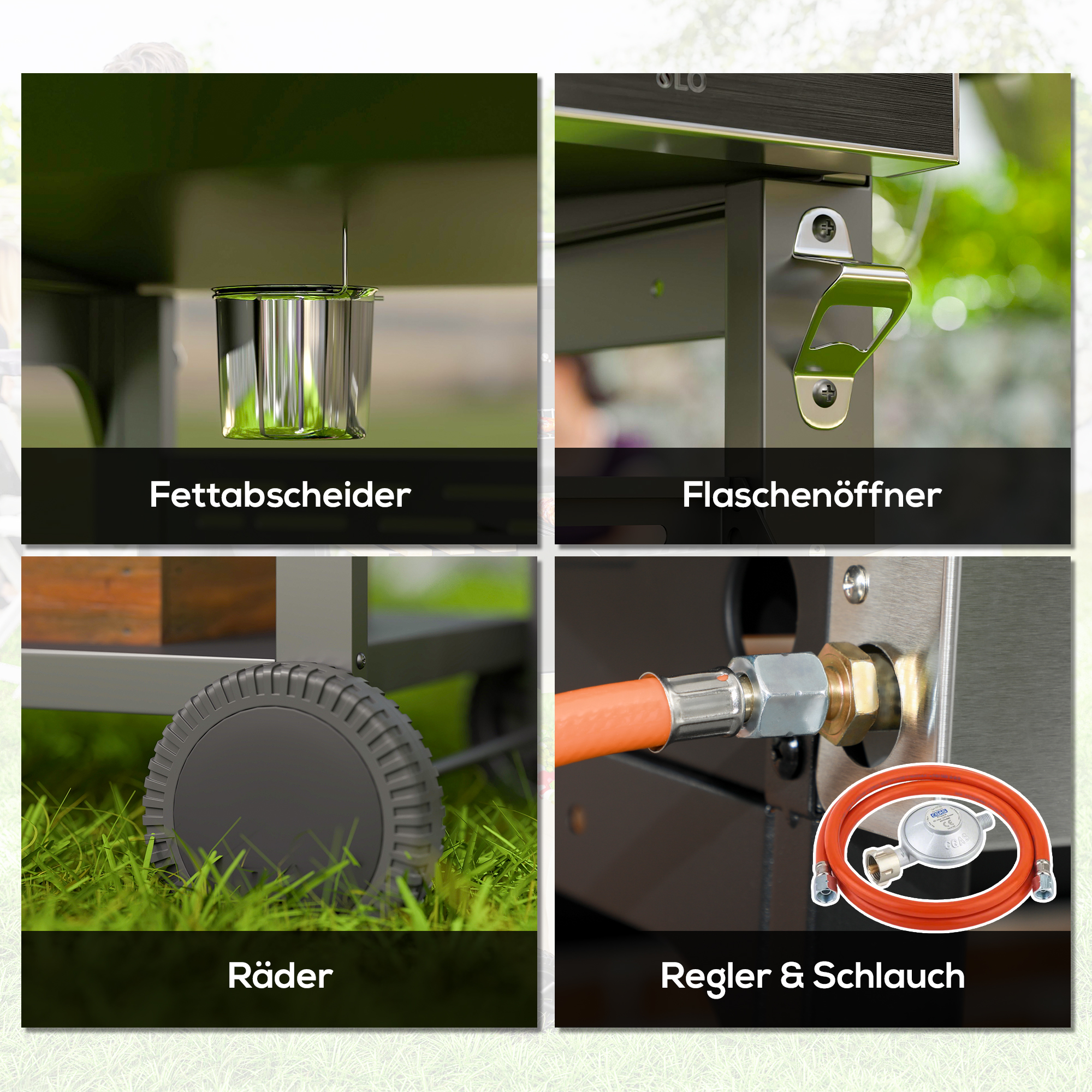 Gasgrill, BBQ-Grill, 4 Hauptbrenner, 1 Seitenkocher, 1 Warmhalteplatte; 135 x 55 x 103 cm, Schwarz