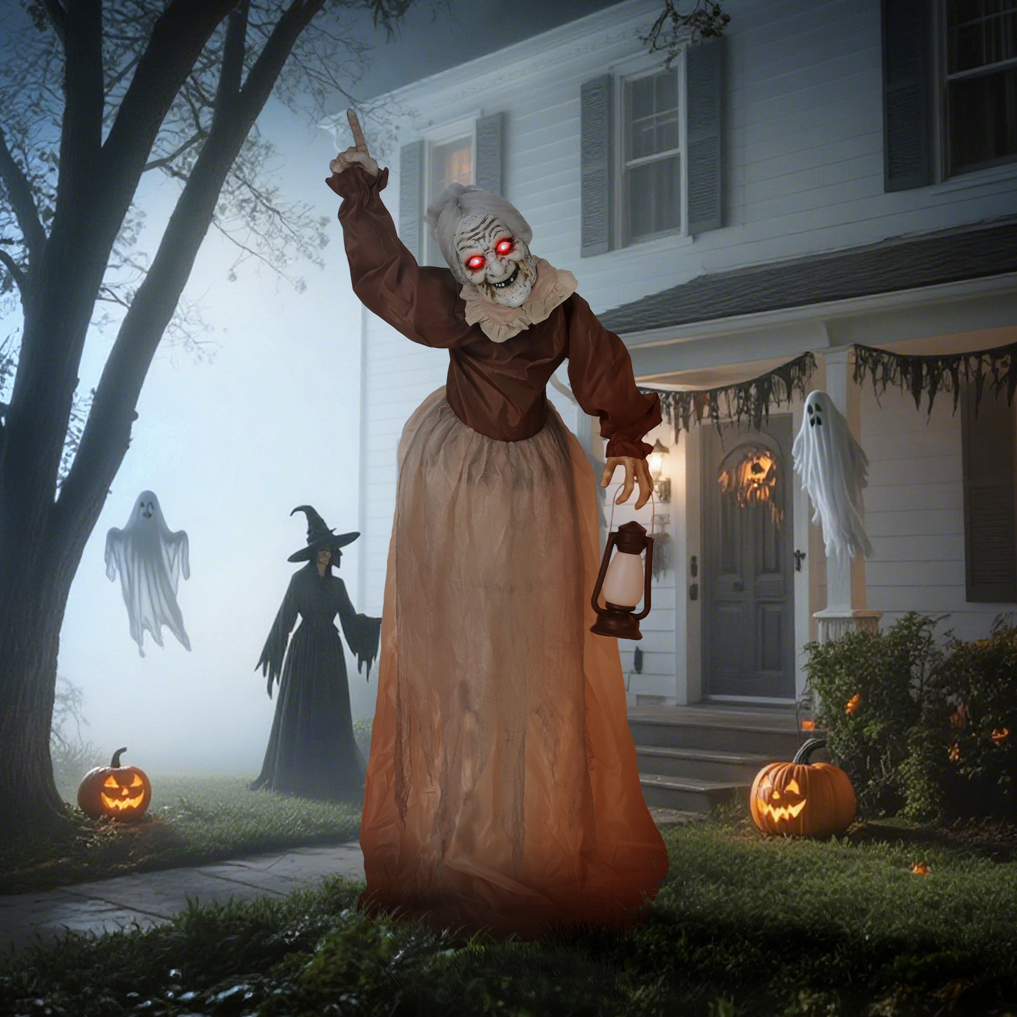 150 cm Halloween Dekoration Halloween Hexe mit LED-Lichter, Soundfunktion verstellbare Arme, Kopf