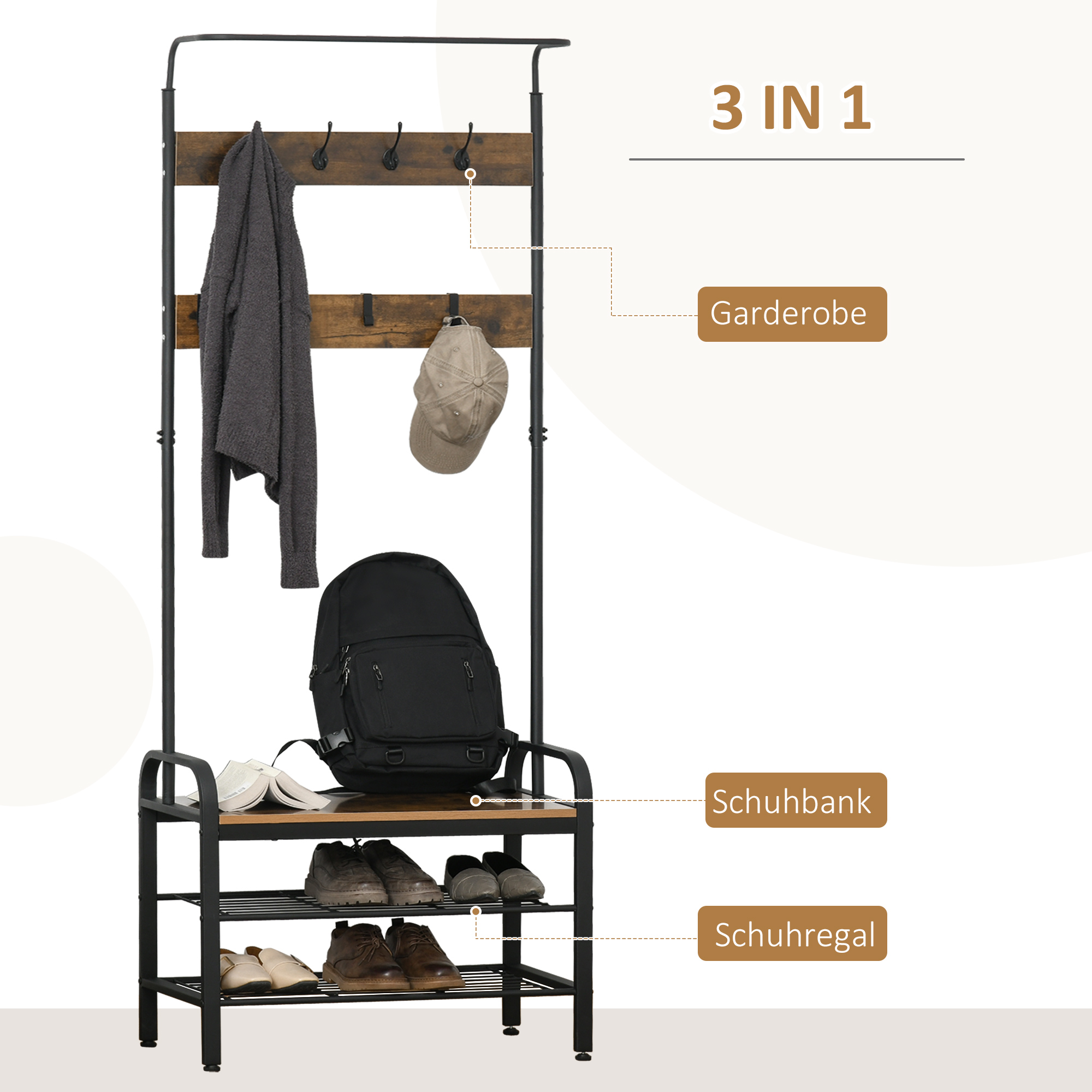 Garderobenständer Schuhregal Kleiderständer mit 8 Haken 2 Ablagen MDF Schwarz 72 x 34 x 185 cm