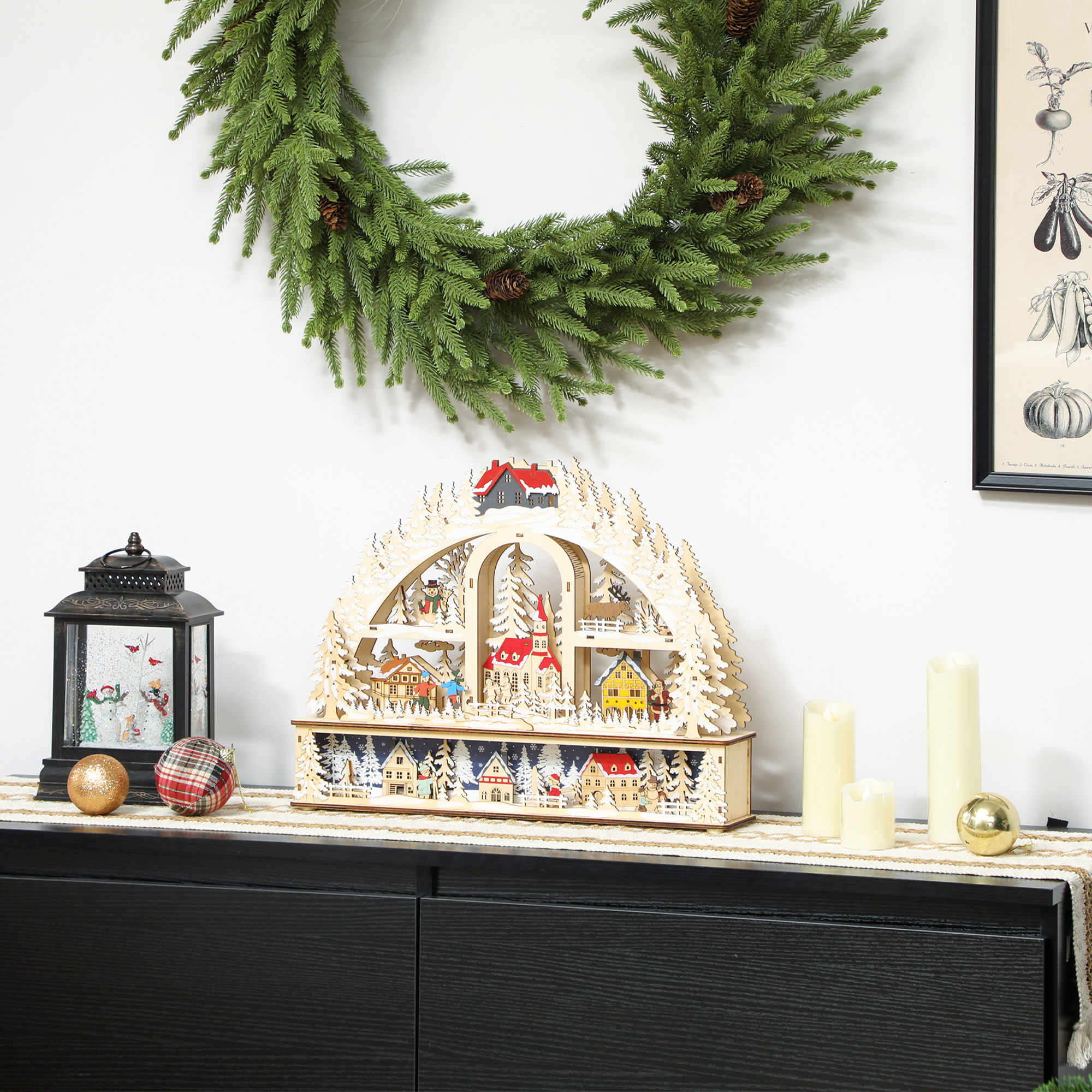 Weihnachtsdorf mit LED-Leuchtung, 45 cm Weihnachtsstadt mit Schneemann, Renntier und Bäume Naturholz
