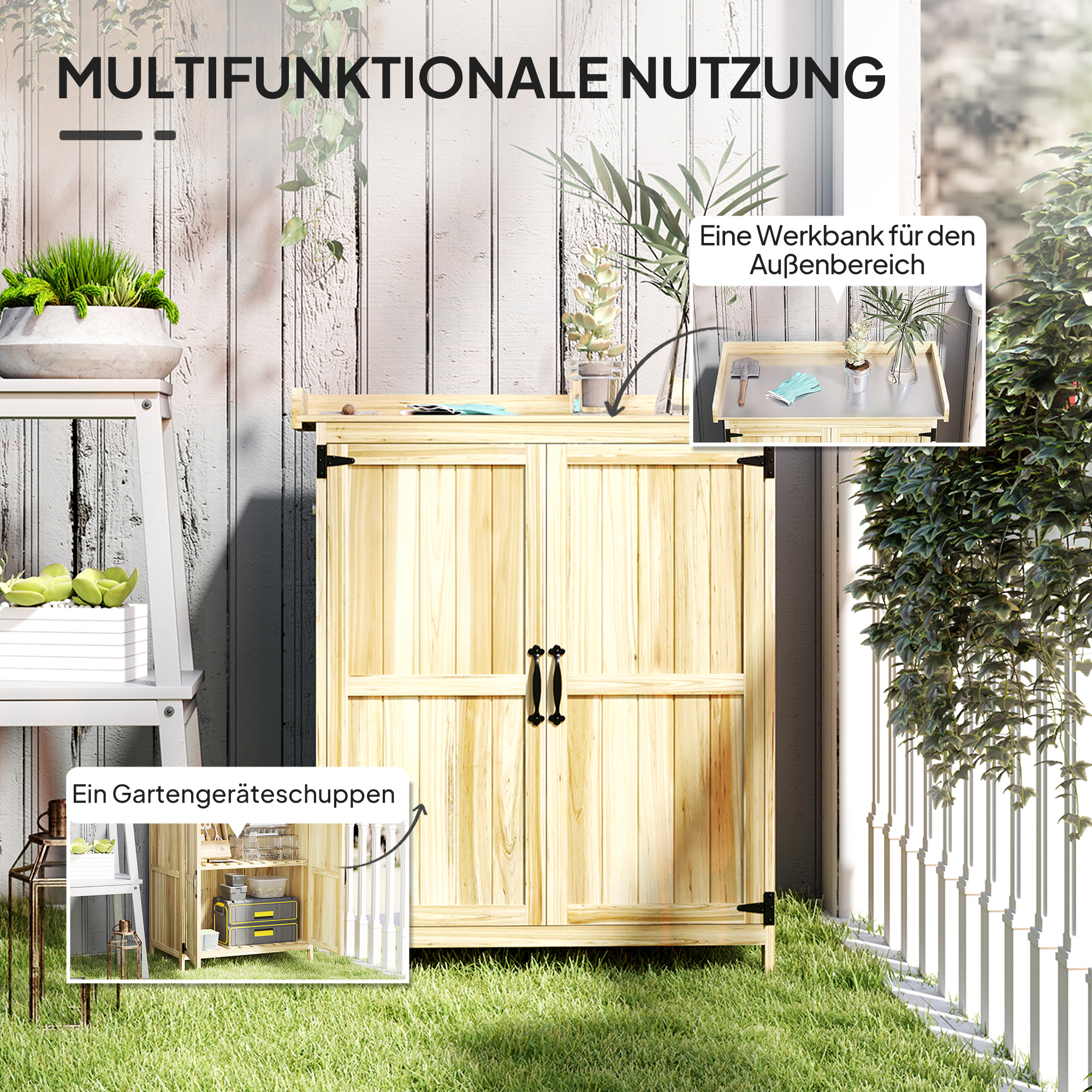 Gartenschrank, Werkzeugschrank für den Außenbereich, mit Arbeitsfläche, Holz und Edelstahl, Doppeltüren, Naturholz