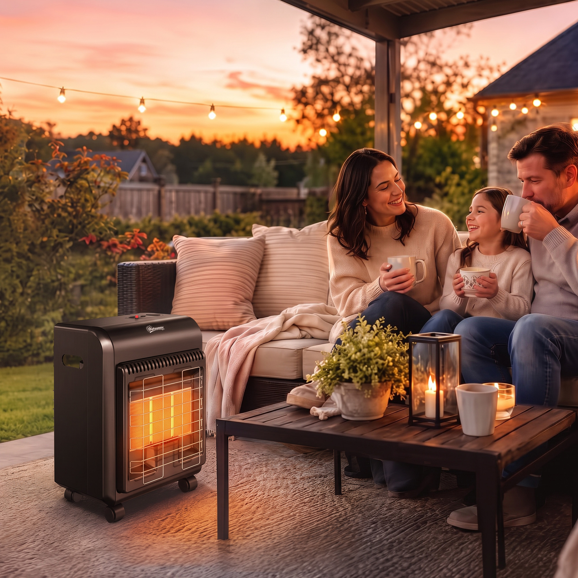 Gas Heizstrahler Outdoor 1,5-4,2 kW Terrassenheizer mit Rollen 3 Leistungsstufen 50 cm Schlauch Druckregler