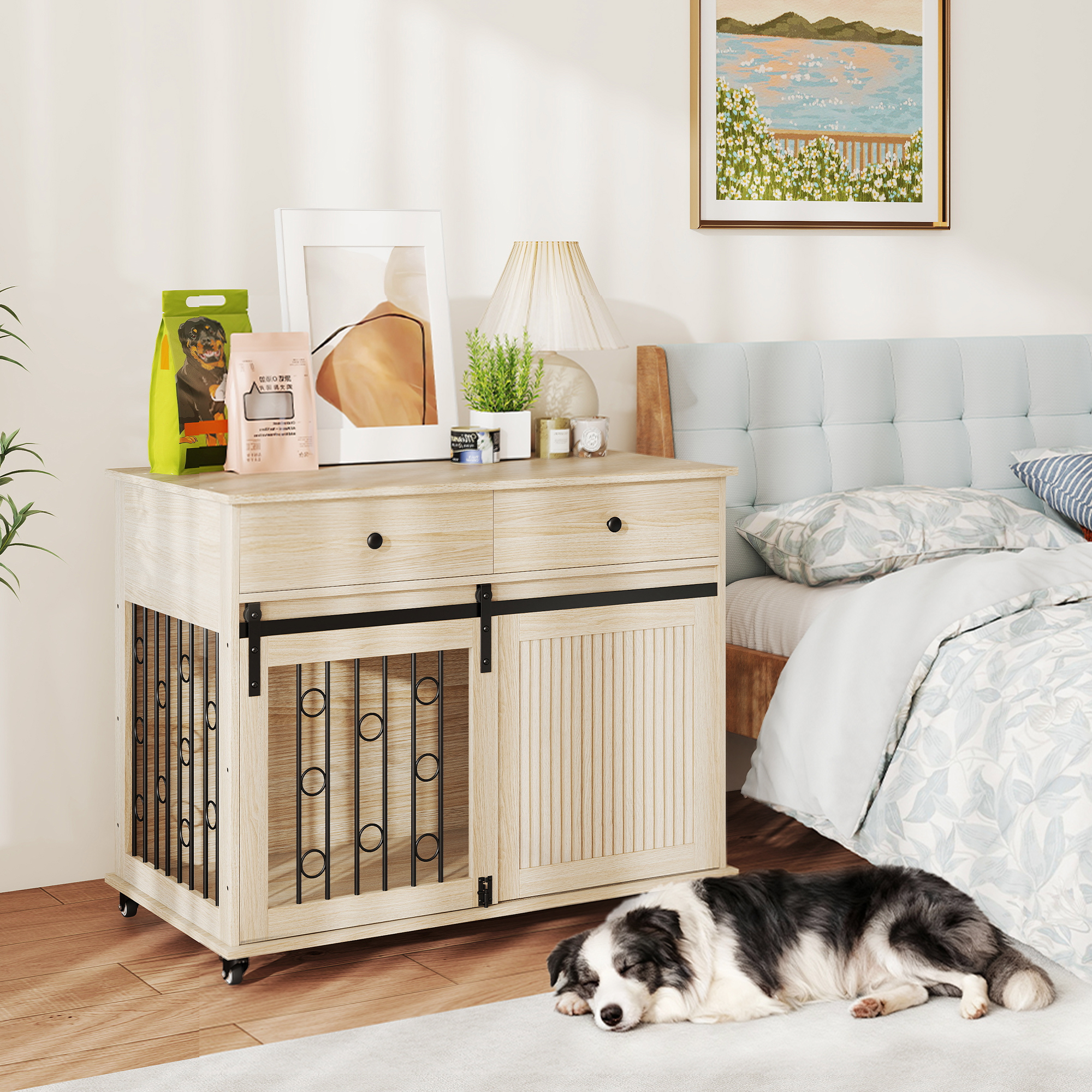 Hundebox auf Rädern, 2 Türen, 2 Schubladen, für mittlere und große Hunde, Holz, Stahl