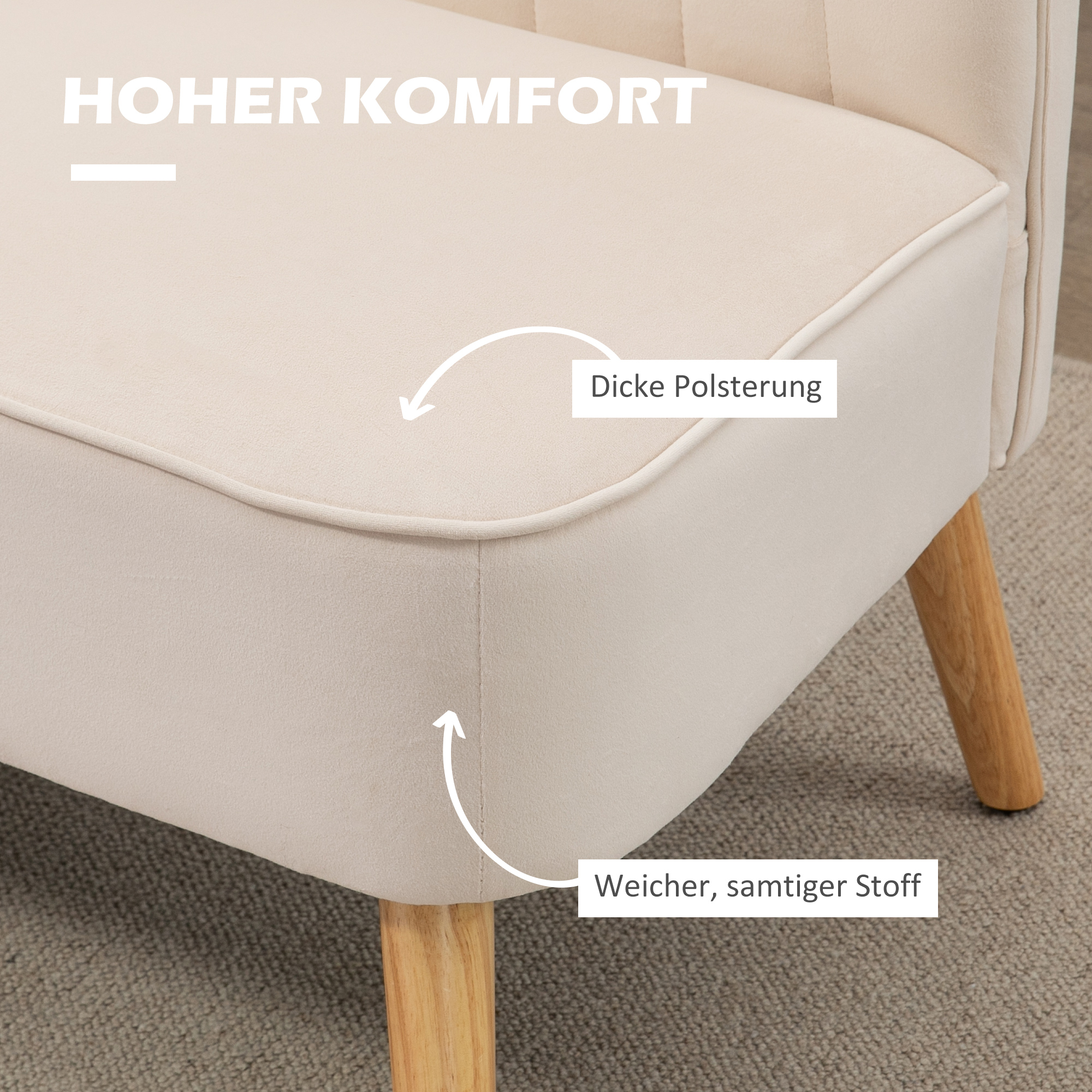 Sofa Retrodesign 2-Sitzer-Sofa, Holzbeine, 117 cm x 56,5 cm x 77 cm, Cremeweiß
