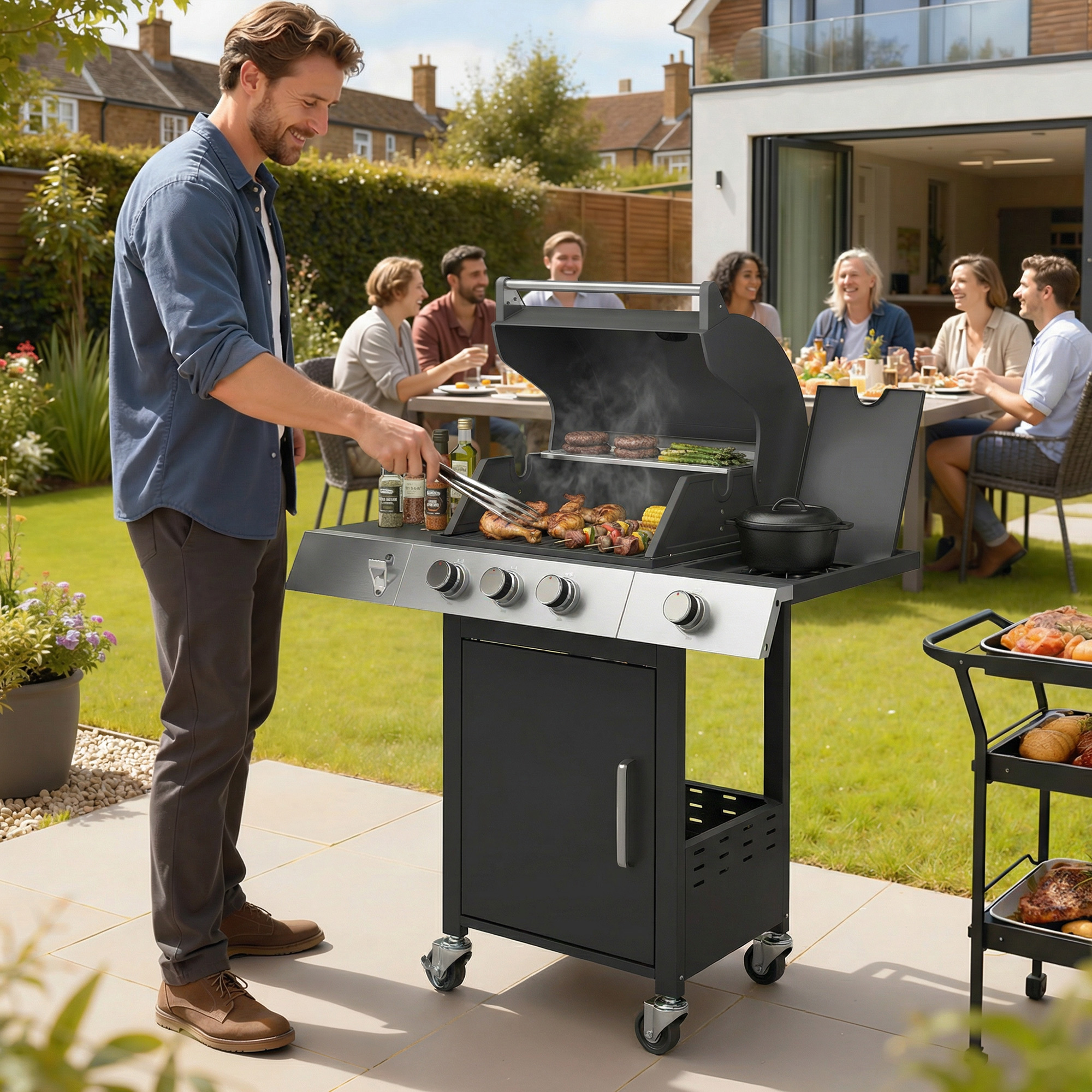 Gasgrill 10,5 KW 3+1 Brenner BBQ Grillwagen Edelstahl inkl Seitenbrenner Flaschenöffner Thermometer Gusseisen-Grillrost