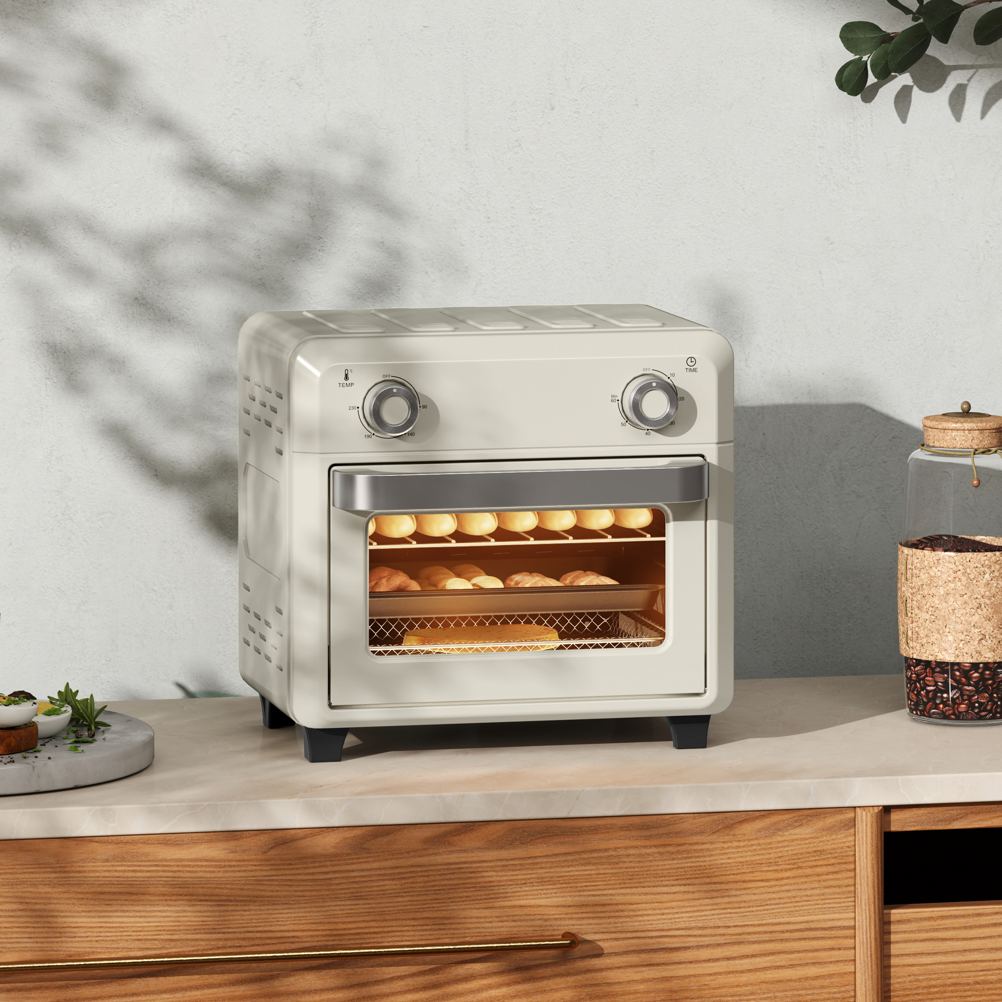 10L Heißluft-Ofen zum Grillen, Backen und Frittieren, Timer, 1000W, Spülmaschinenfest, Cremeweiß