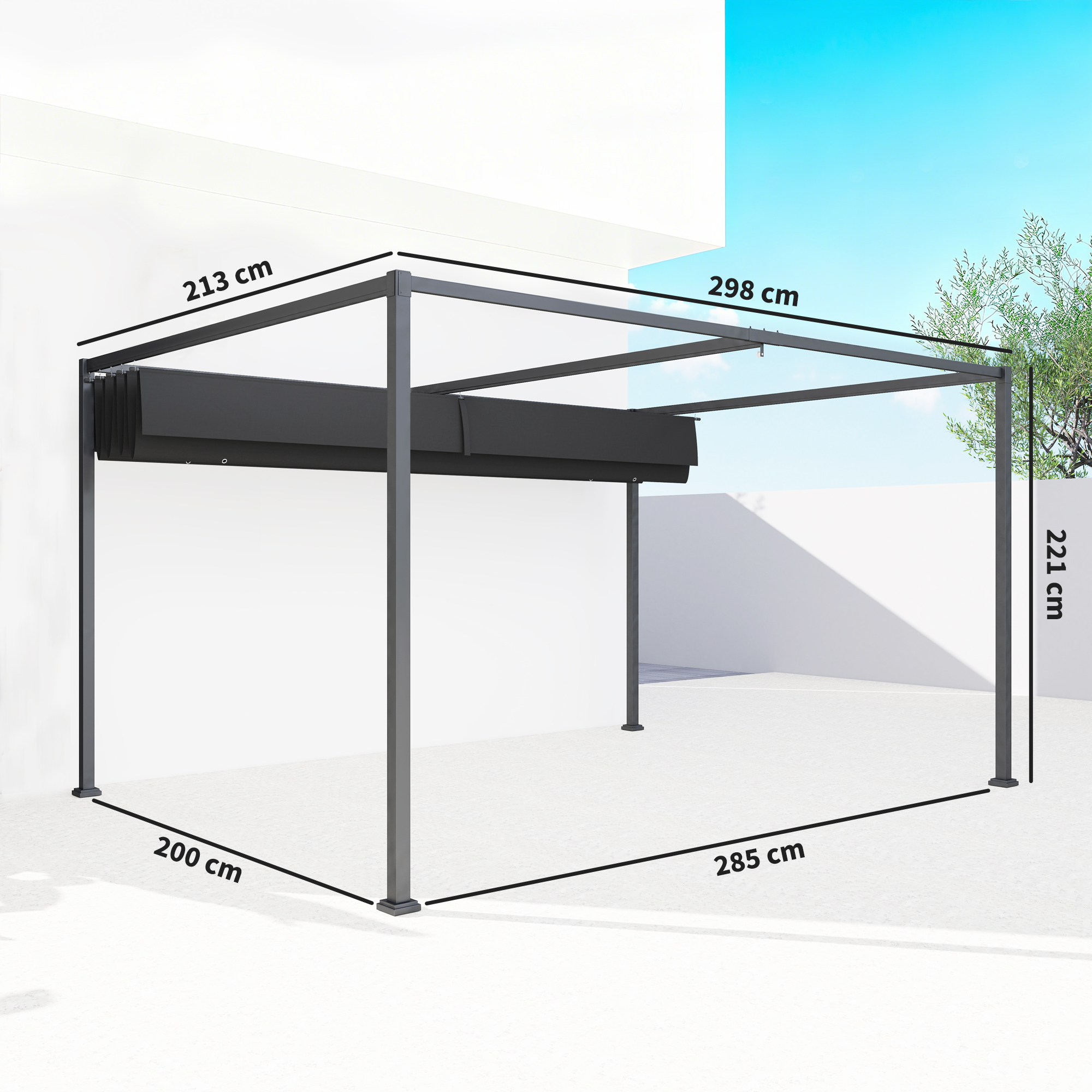 Pergola ca. 3x2m Garten Pavillon Terrassendachung Metall Freistehender Gartenpavillon mit Verstellbares Dach, UV Schutz, Sonnenschutz für Terrasse und Garten, Schwarz+Grau