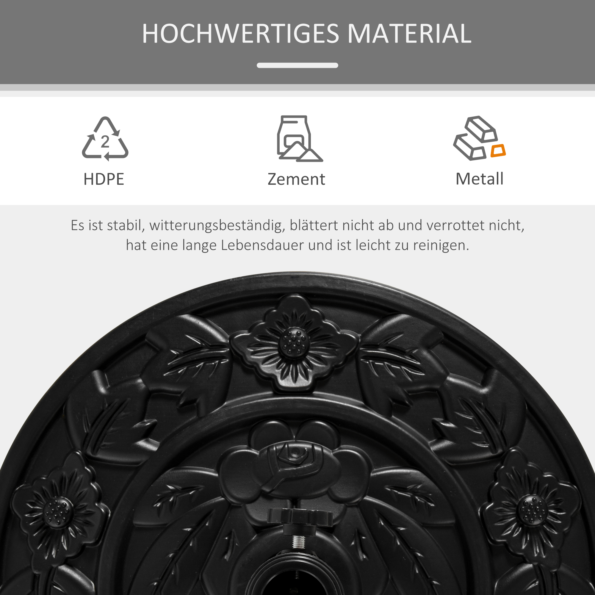 Sonnenschirmständer, halbrund, 9 kg, Blumendesign, HDPE/Zement, für Schirmmasten Ø35/38/48 mm