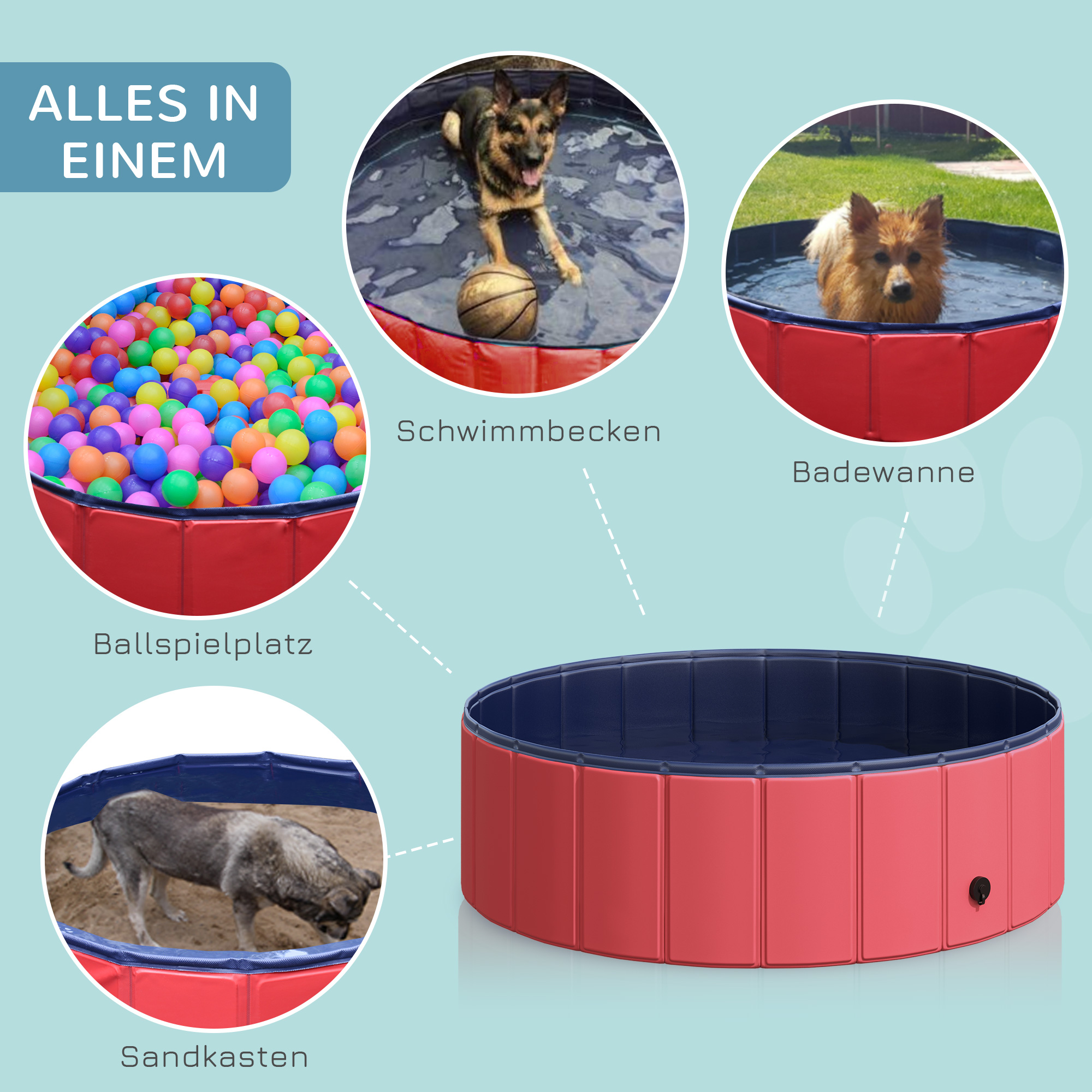 Hundebadewanne faltbar Hundepool Schwimmbecken Swimmingpool Plantschbecken Badewanne für Hunde & Katzen Wasserbecken aus Kunststoff, Holz Ø100 x H30 cm Rot