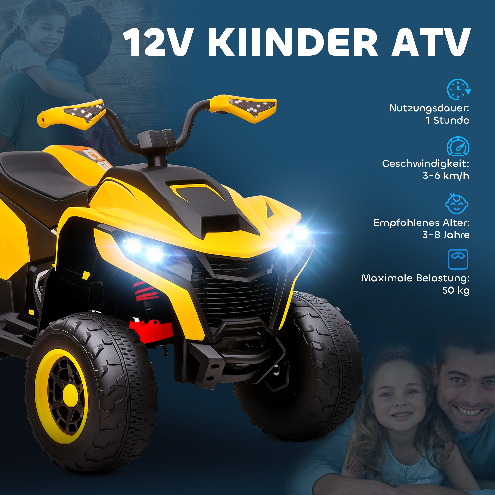 Elektroquad für Kinder, 3-6 km/h, LED-Scheinwerfer, Musik, USB, für 3-8 Jahre, Gelb