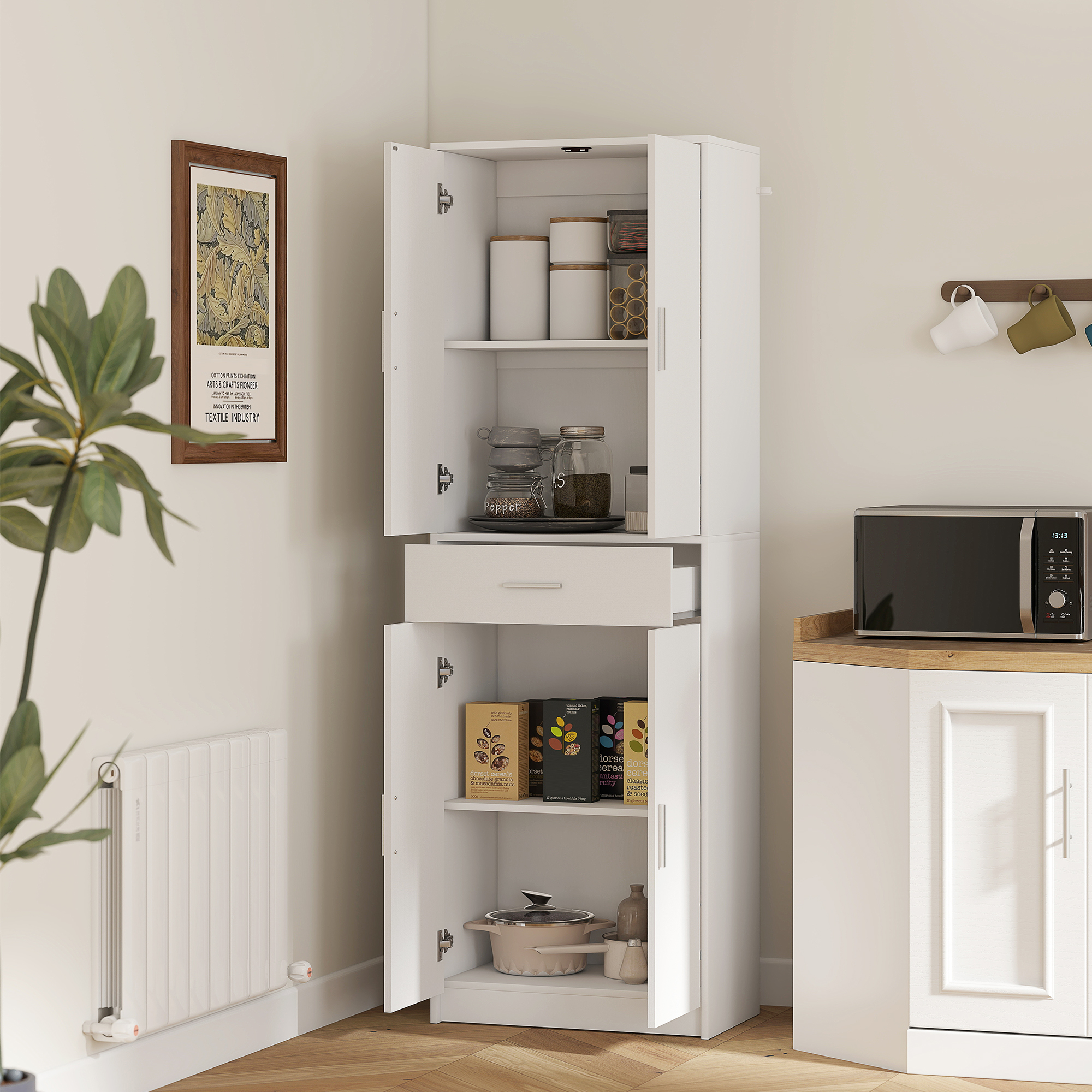 Küchenschrank, 3-stufig verstellbare Regale, Spanplatten, MDF, viel Stauraum, Weiß