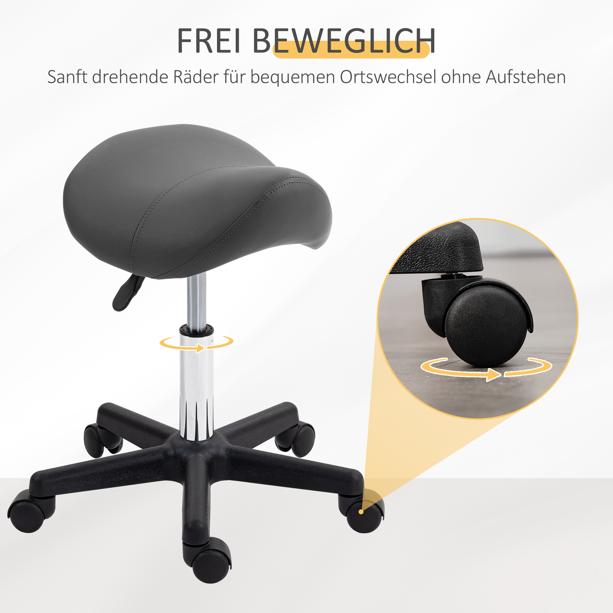 Rollhocker, sattelförmiger Sitz, höhenverstellbar, um 360° drehbar, Kunstleder, grau, 48 x 47 x 45-59 cm