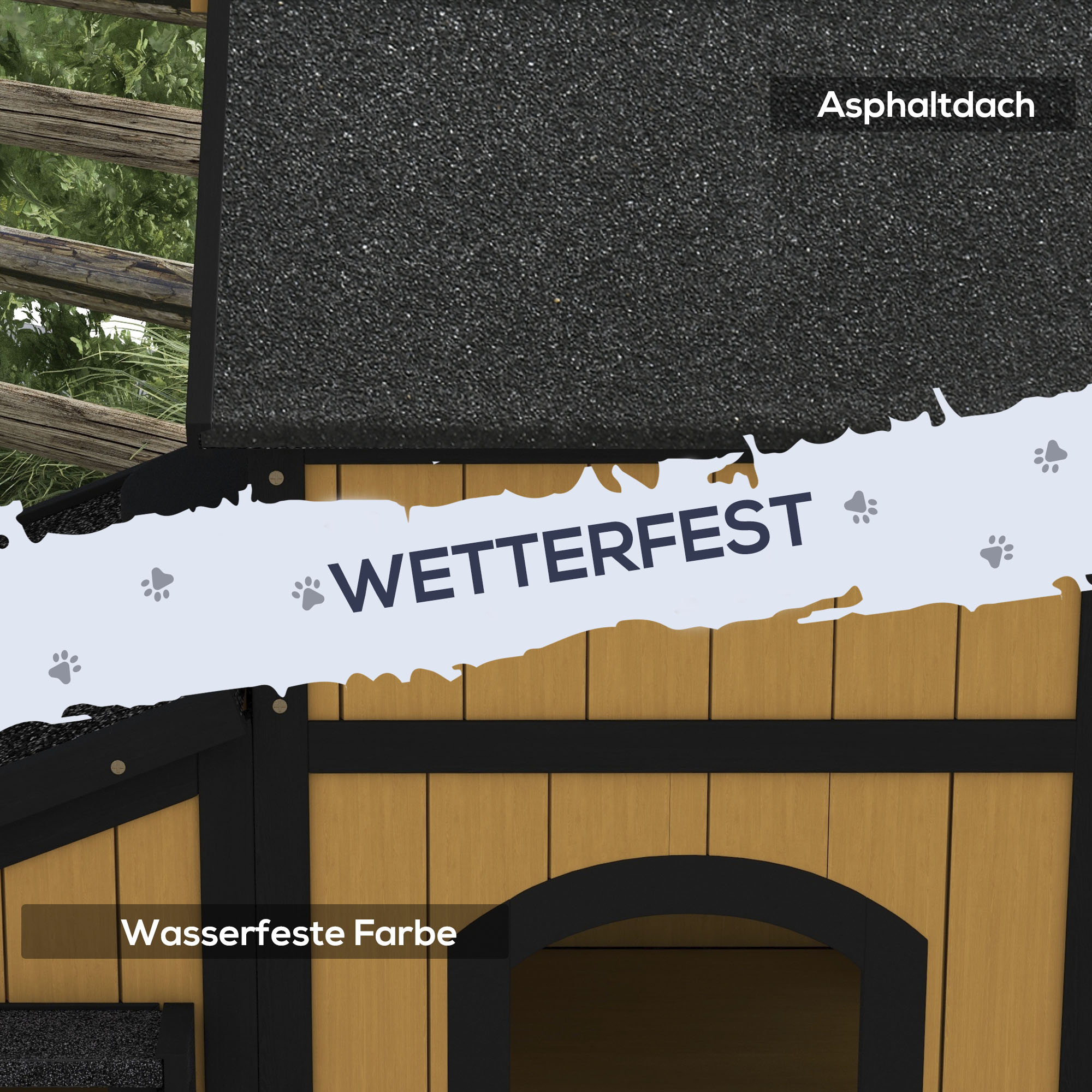 Katzenhaus Katzenhütte Katzenhöhle, inkl. Blumenkasten, 96 cm x 65 cm x 85,5 cm, Gelb + Weiß + Schwarz