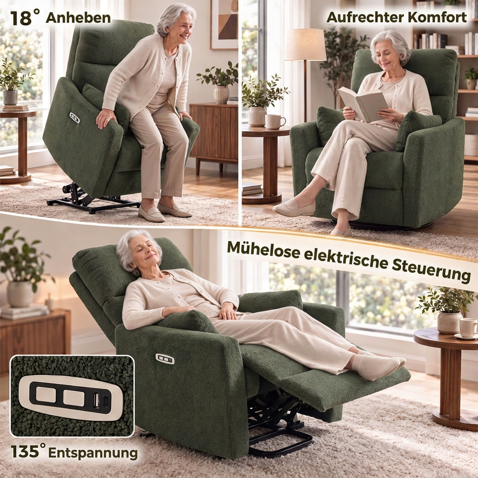 Aufstehsessel mit Massage und Wärme, elektrischer Relaxsessel aus Teddyfleece für Senioren, Dunkelgrün