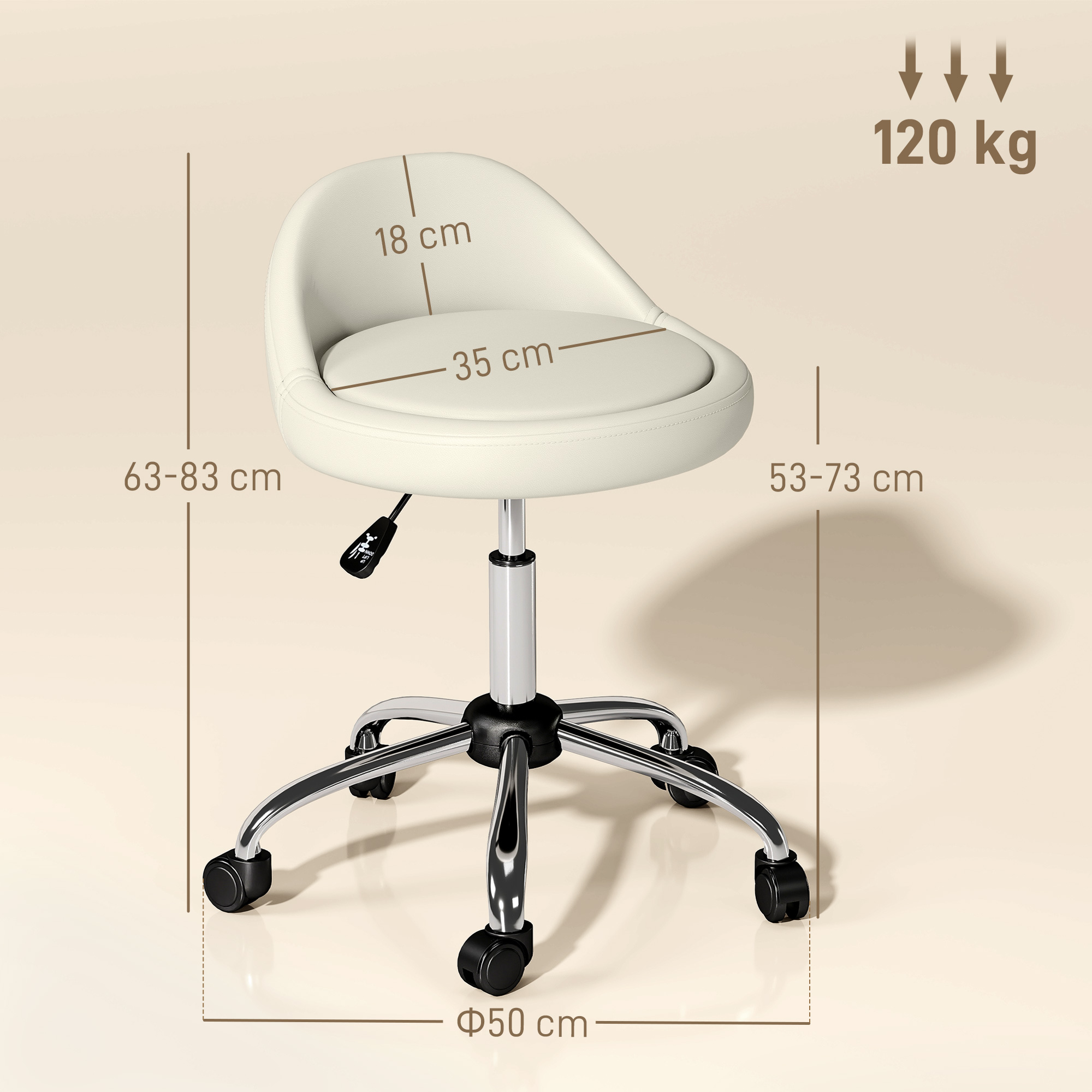 Arbeitshocker Drehhocker Rollhocker, höhenverstellbar, drehbare Sitzfläche, 50cm x 50 cm x 83 cm, Weiß