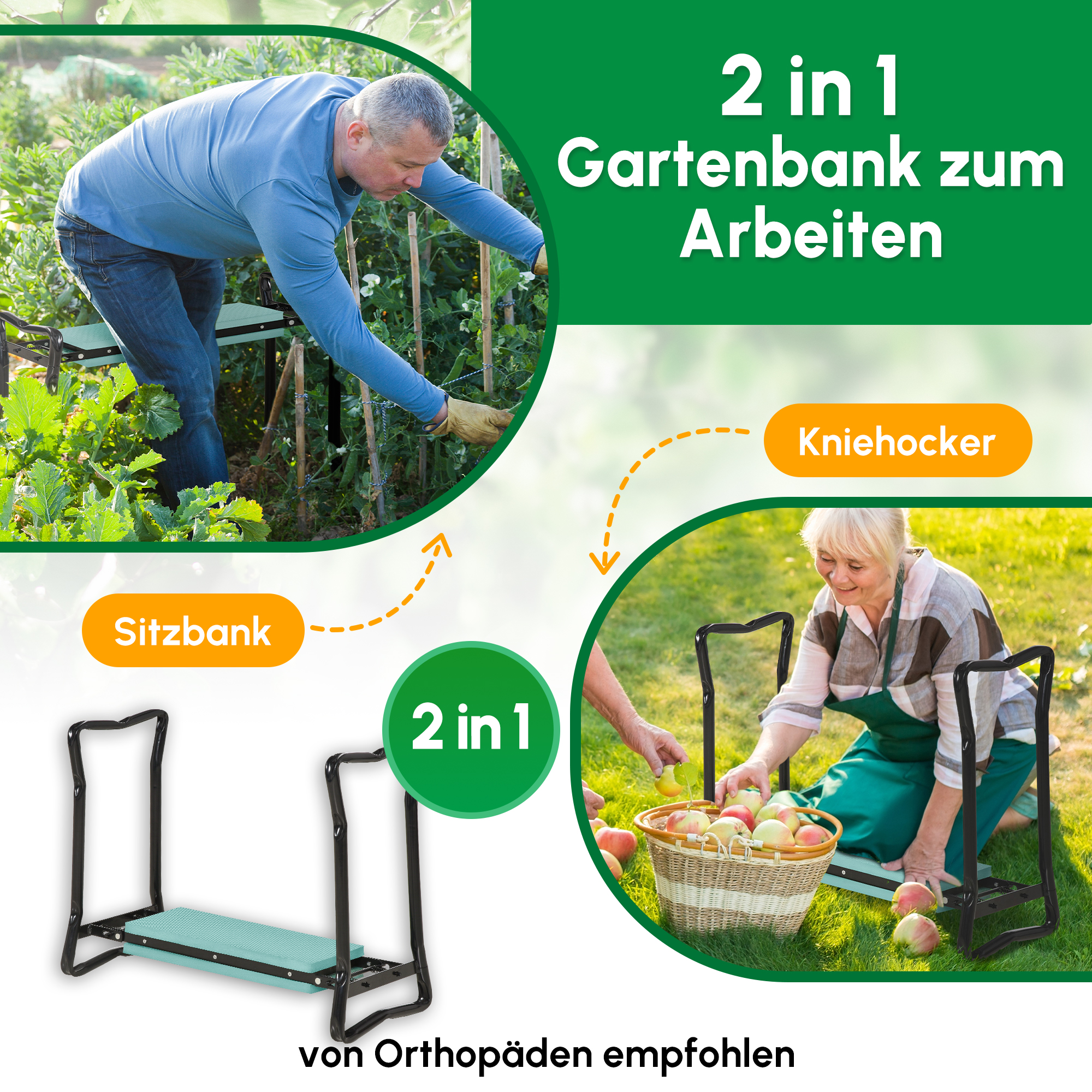 Kniebank für Gartenarbeit Klappbarer Gartenhocker Gartenbank Kniehilfe bis 150 kg EVA-Schaumstoff Stahl Dunkelgrün 58 x 28 x 49 cm