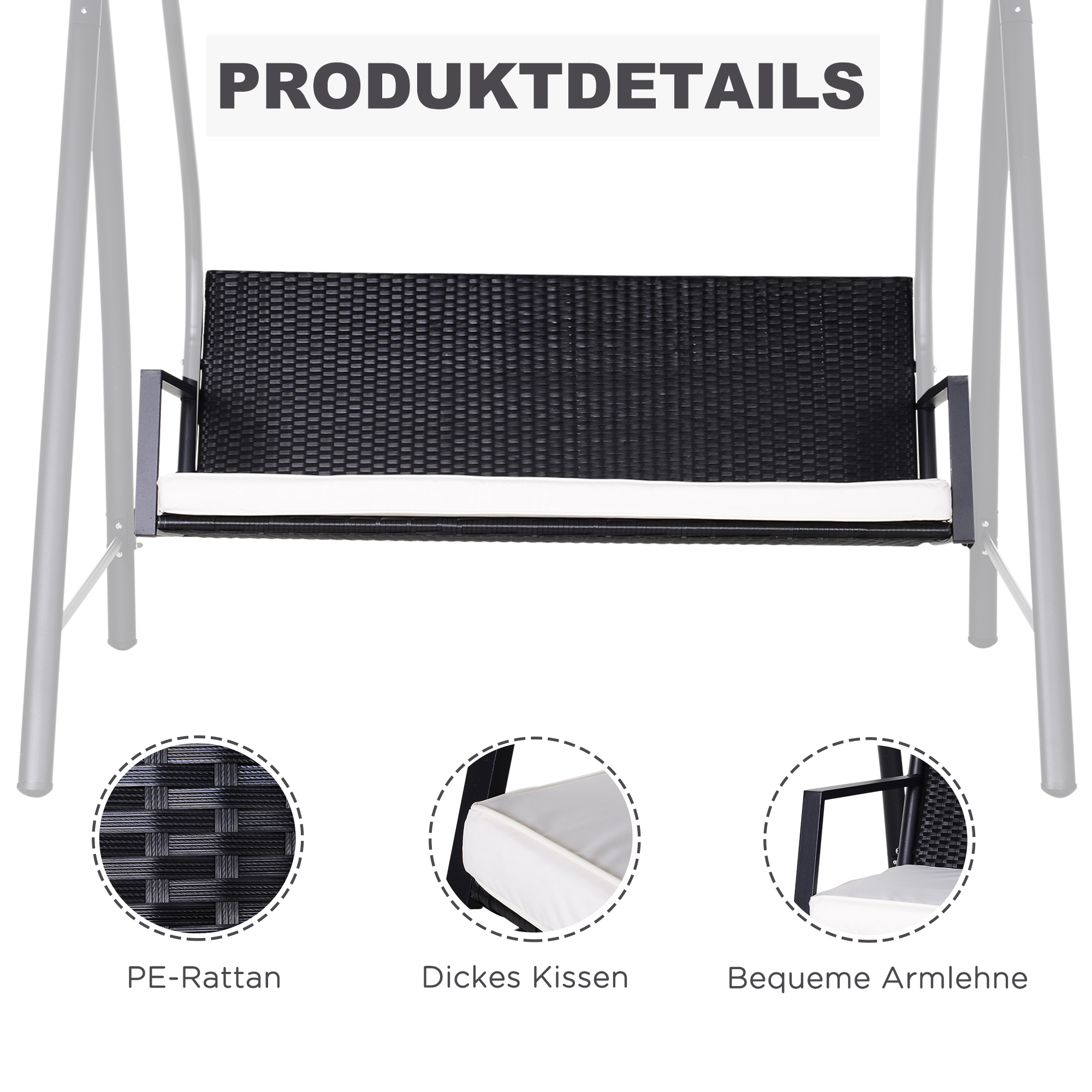 Hollywoodschaukel 3-Sitzer aus Polyrattan Gartenschaukel mit verstellbar Sonnendach Sonnenschutz Sitzkissen Hängebank bis 360 kg belastbar Hängeschaukel für Garten 198x124x179cm Schwarz