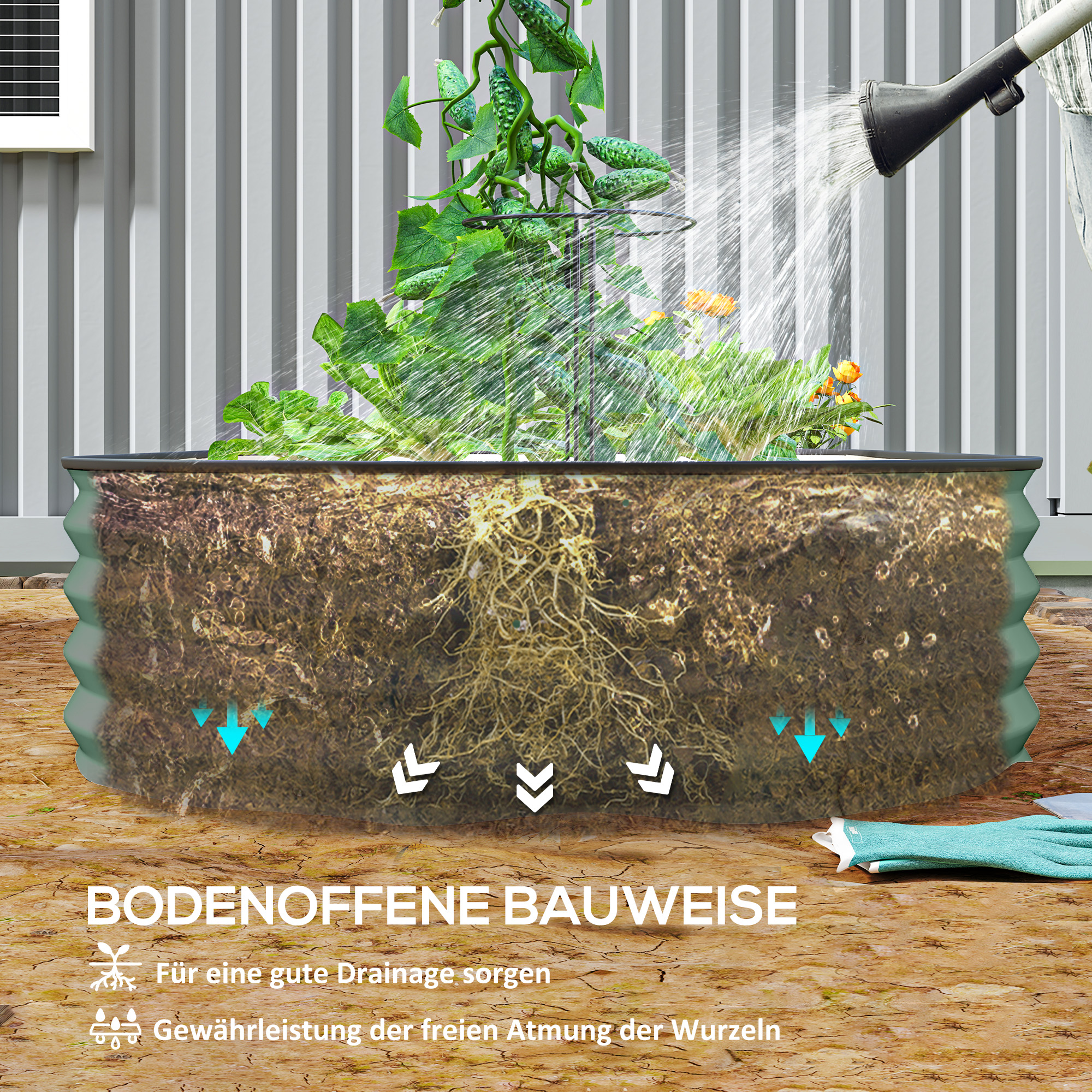 2er-Set Hochbeete für Garten, Outdoor-Pflanzenkübel mit offenem Boden, Gummirand, Metall, 181 x 93 x 30 cm, Grün